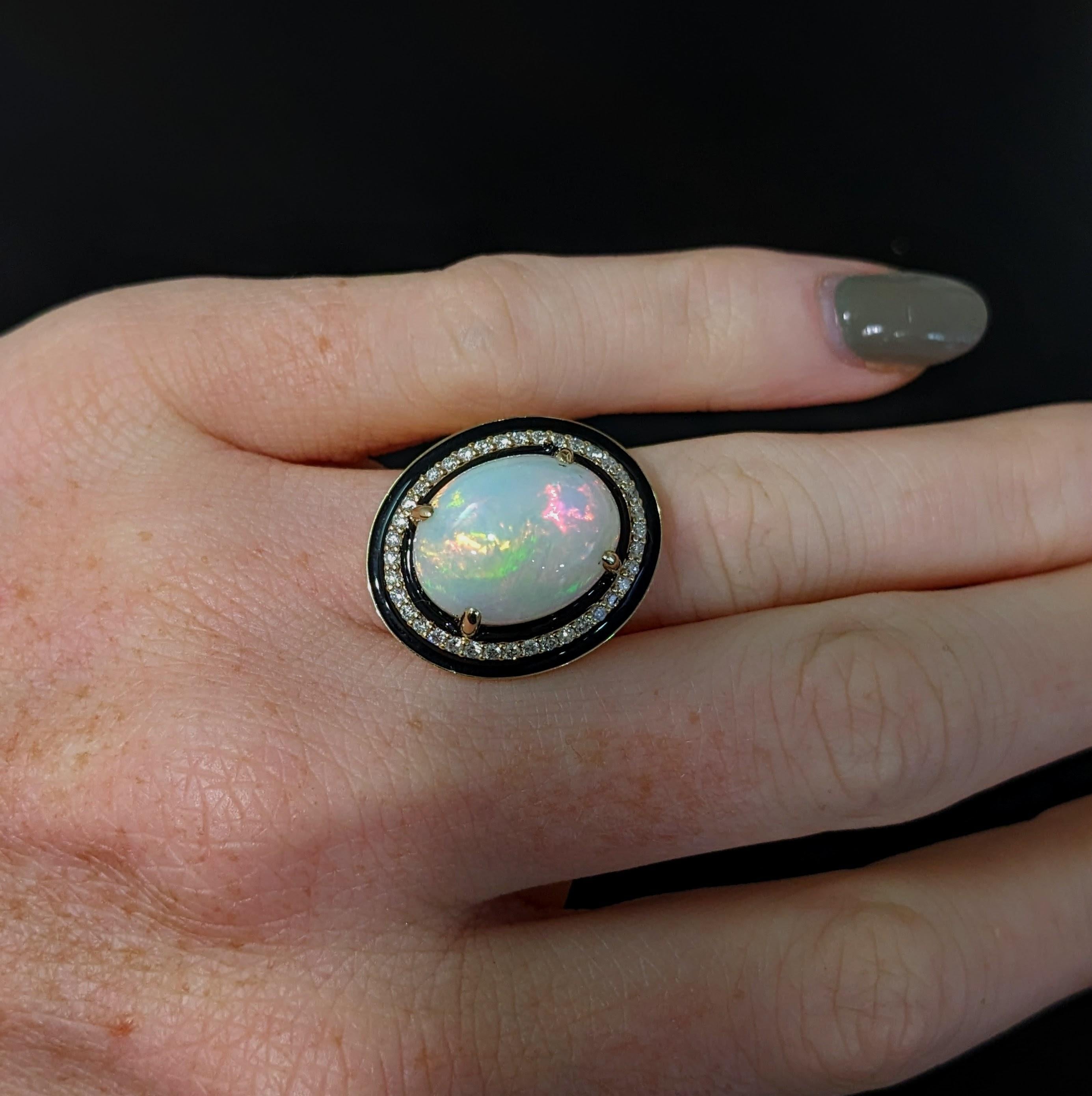 Women's 7.4ct Opal Ring w Earth Mined Diamonds & Black Enamel in Solid 14K Gold Oval For Sale