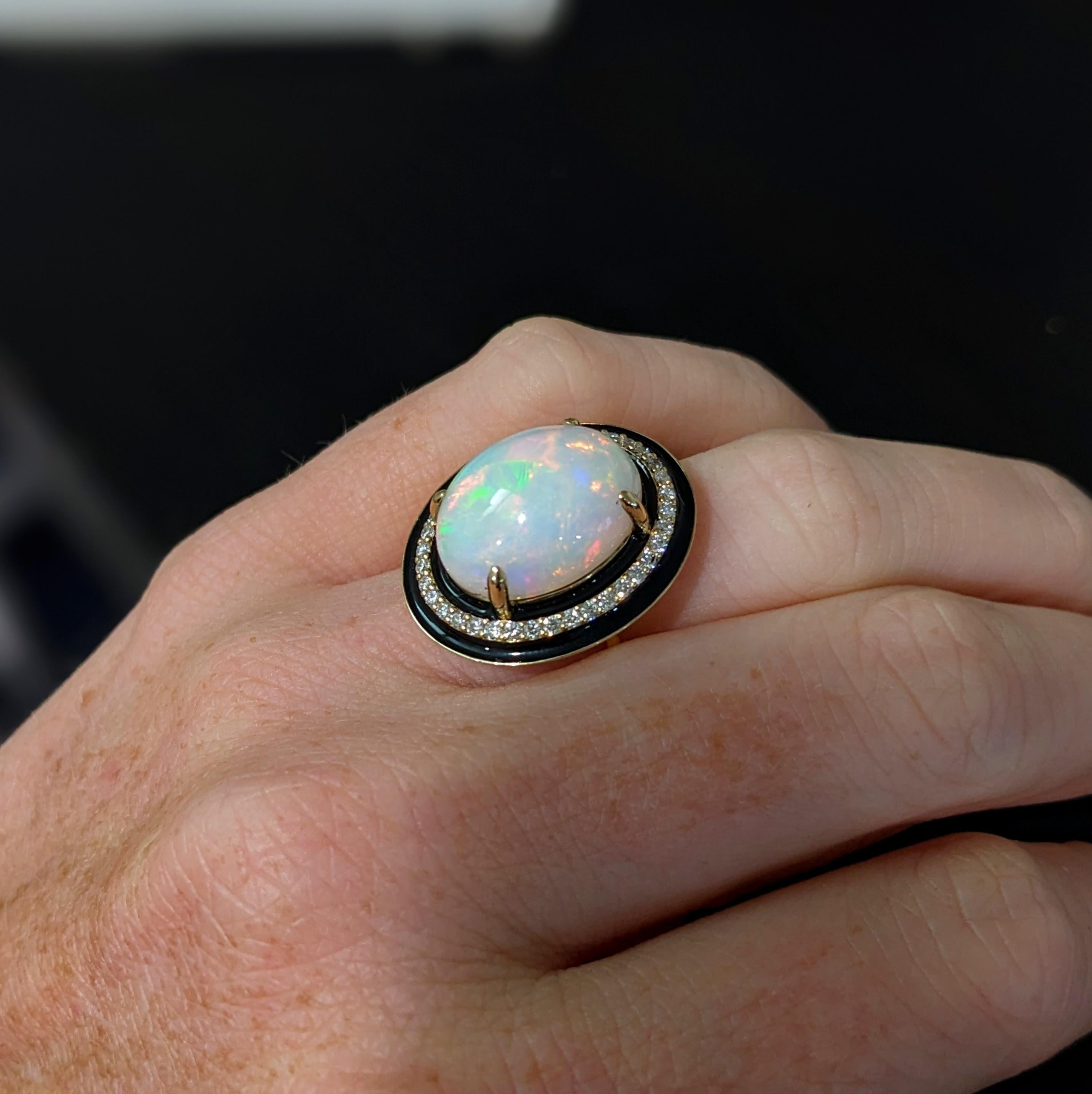 7.4ct Opal Ring w Earth Mined Diamonds & Black Enamel in Solid 14K Gold Oval For Sale 1