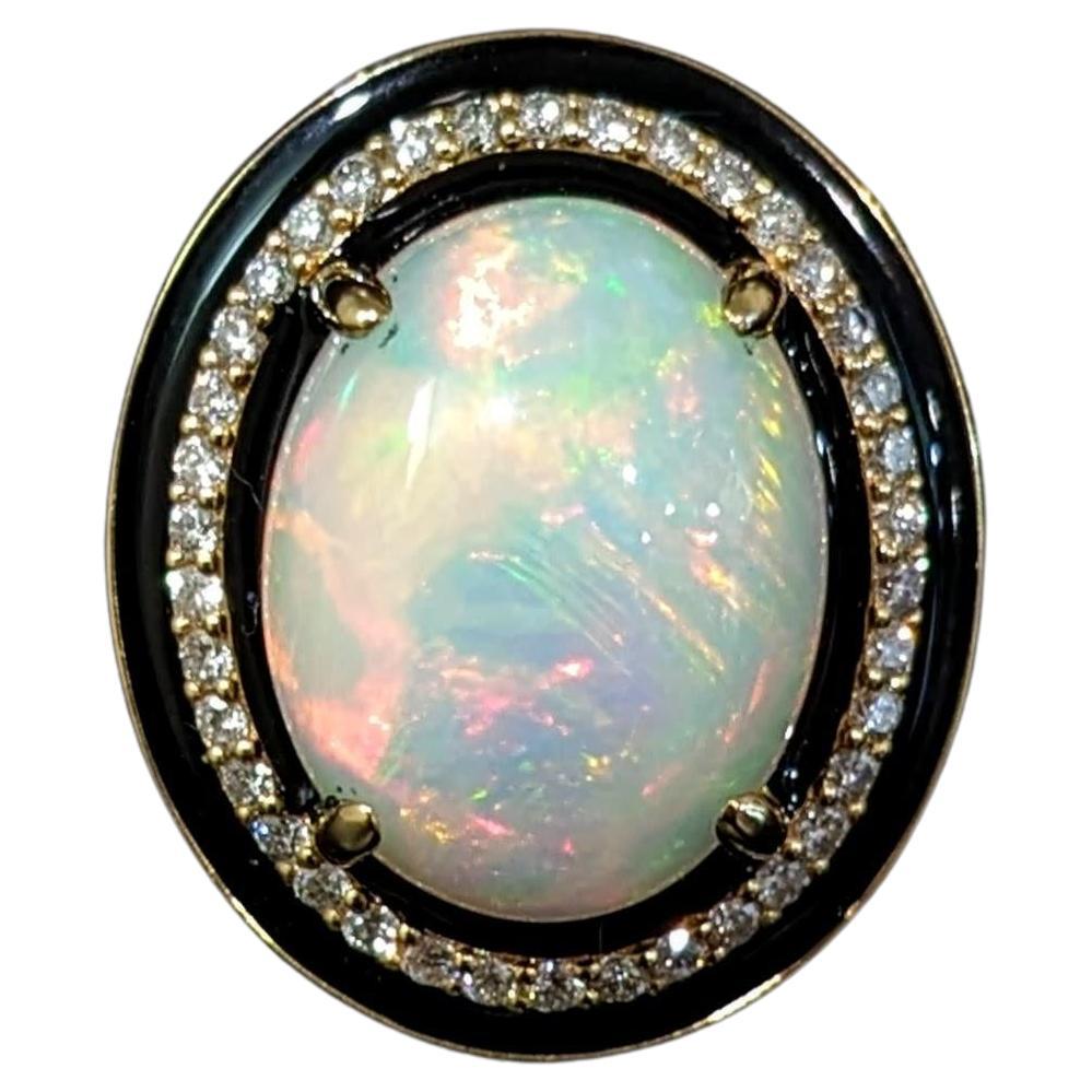 7.4ct Opal Ring w Earth Mined Diamonds & Black Enamel in Solid 14K Gold Oval