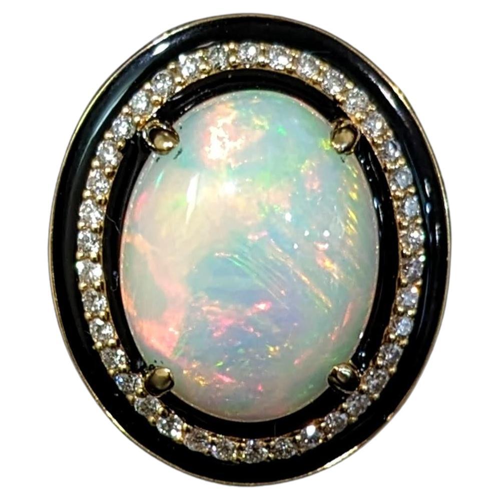 7.4ct Opal Ring w Earth Mined Diamonds & Black Enamel in Solid 14K Gold Oval For Sale