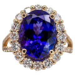Anello di tanzanite deluxe AAA da 7,4 carati con diamanti naturali in oro massiccio 14K OV 14x10mm