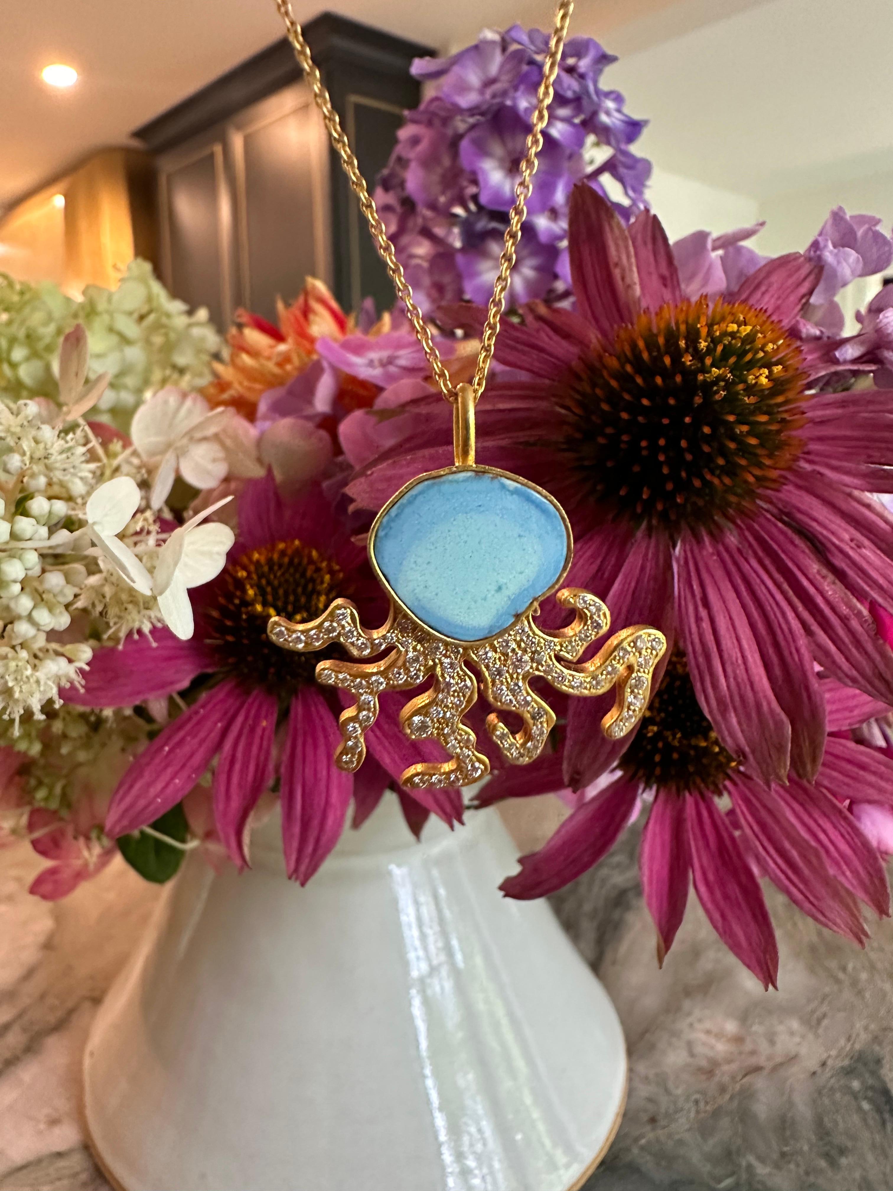.74cts Diamonds and Turquoise Octopus Necklace in 18kt Gold by Lauren Harper For Sale 4