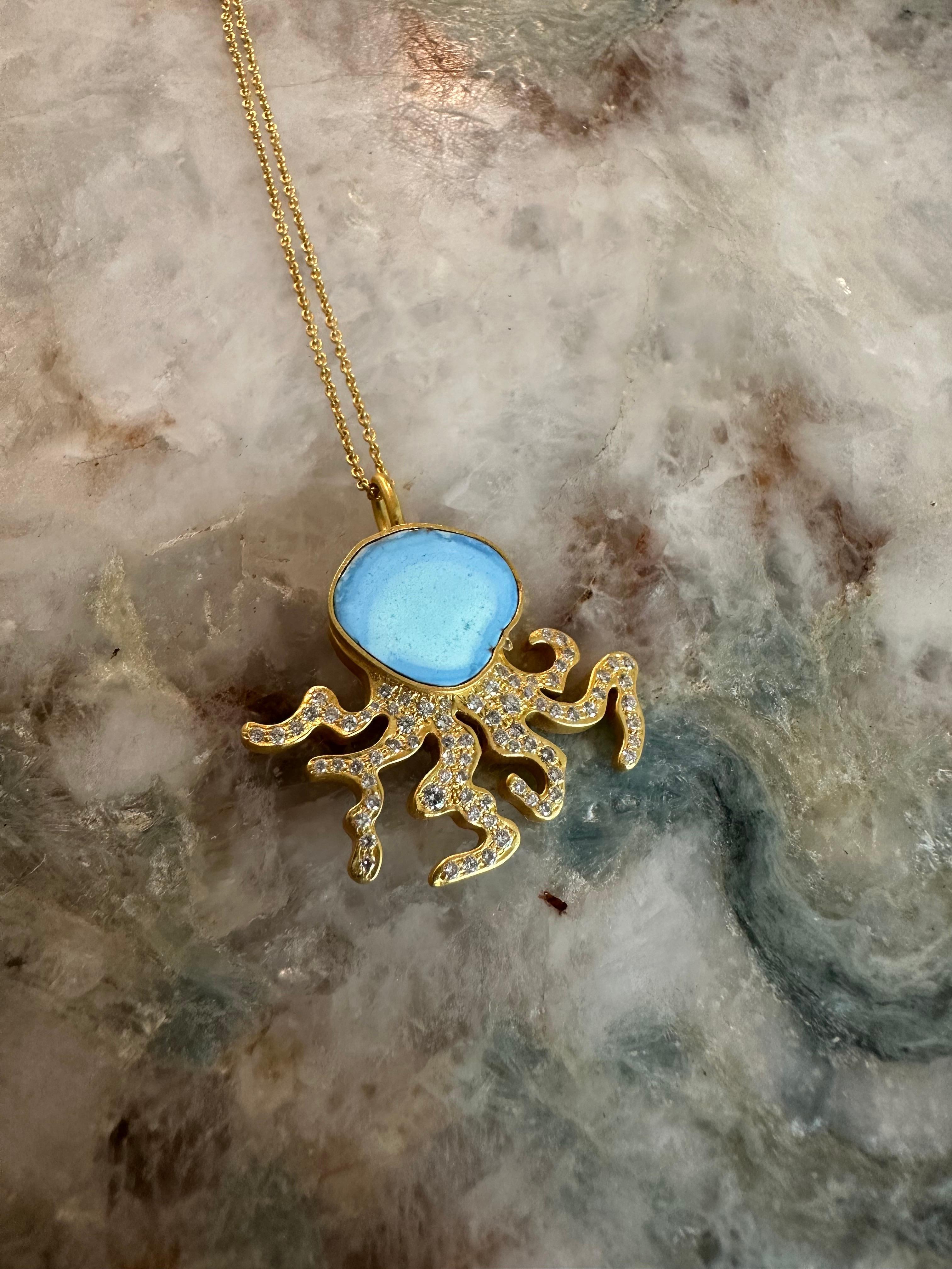 .74cts Diamonds and Turquoise Octopus Necklace in 18kt Gold by Lauren Harper For Sale 5