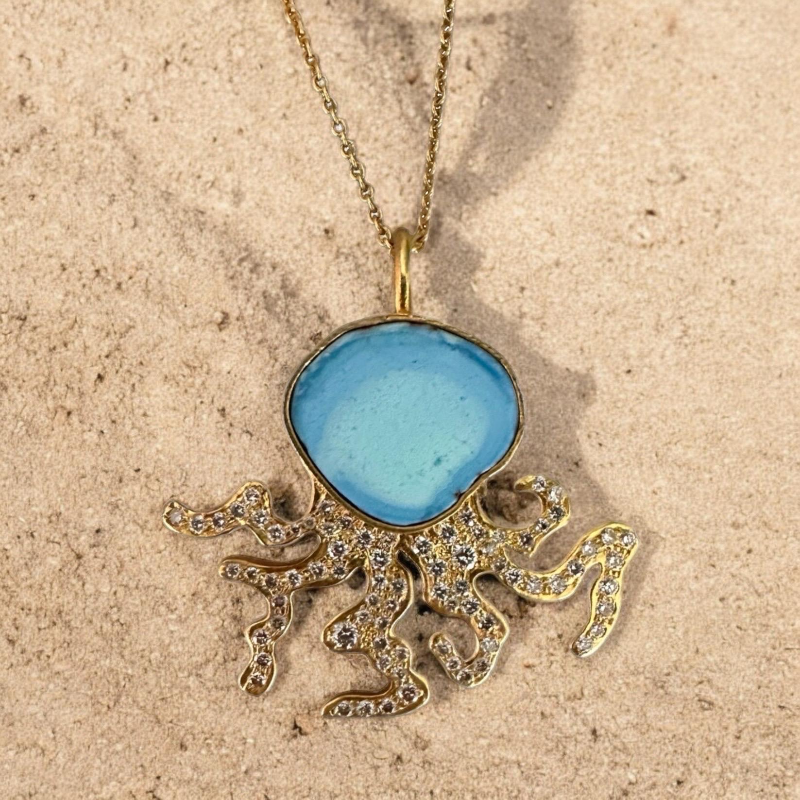 .74cts Diamonds and Turquoise Octopus Necklace in 18kt Gold by Lauren Harper For Sale 8