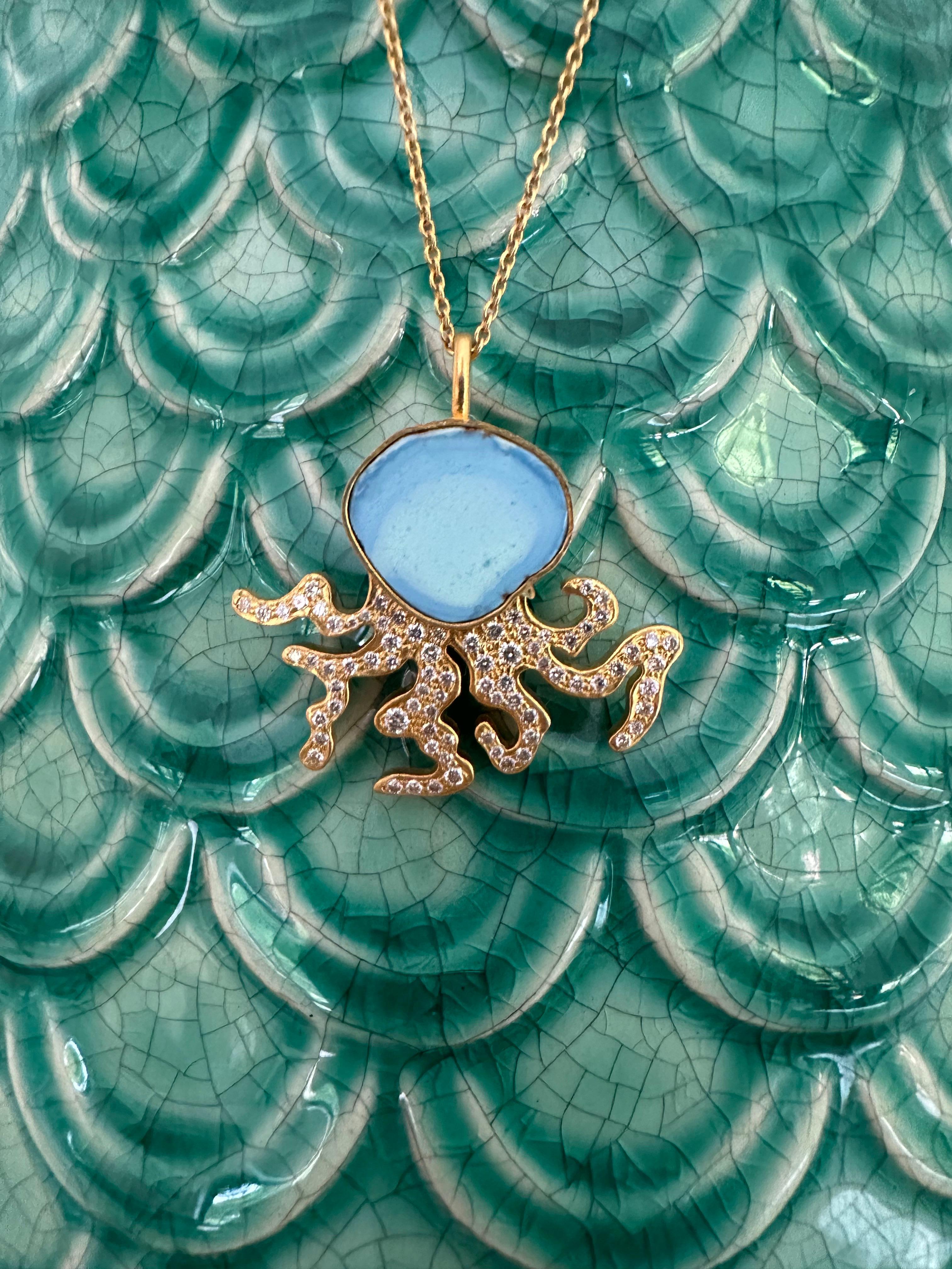 Round Cut .74cts Diamonds and Turquoise Octopus Necklace in 18kt Gold by Lauren Harper For Sale