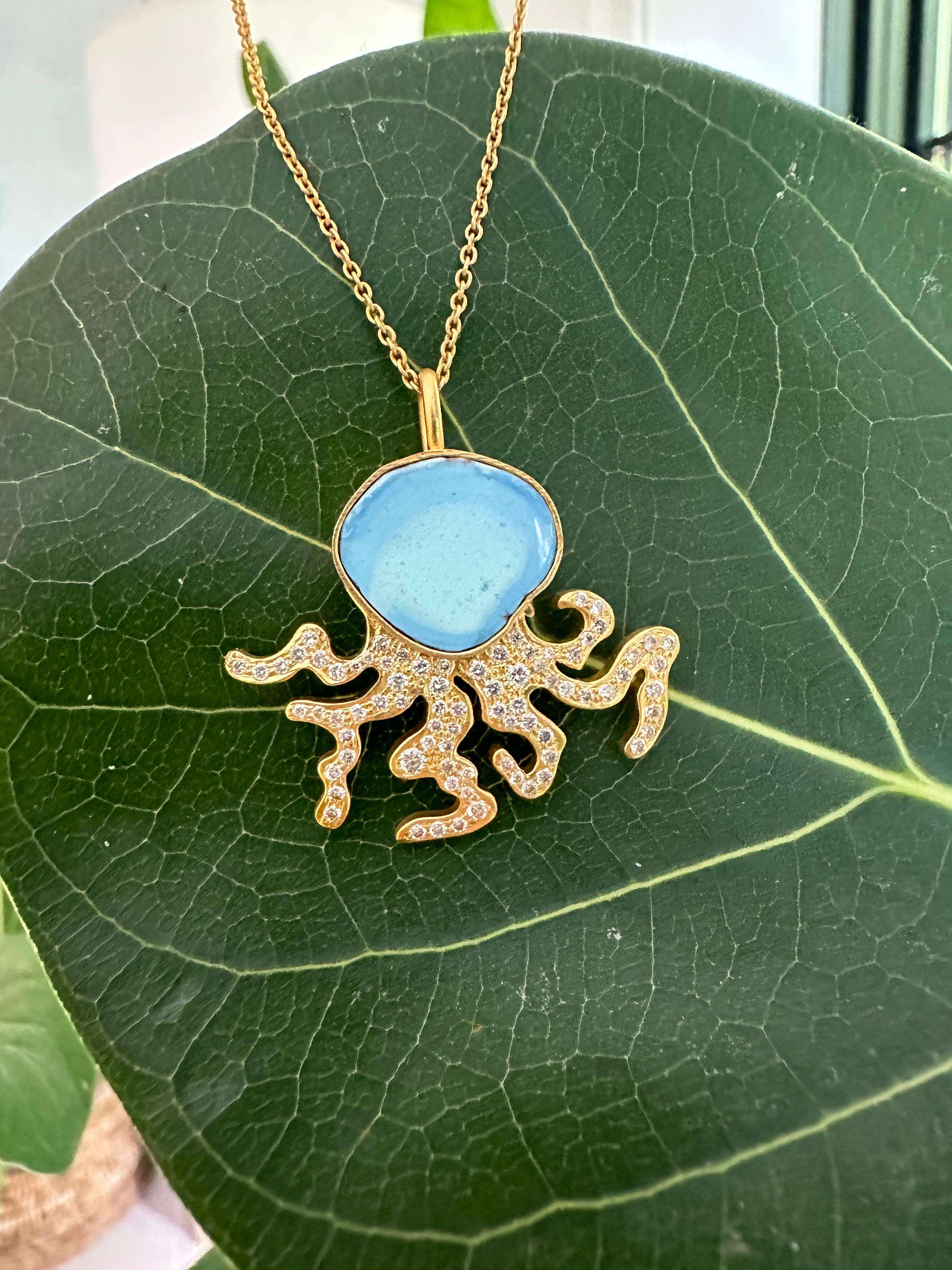 .74cts Diamonds and Turquoise Octopus Necklace in 18kt Gold by Lauren Harper In New Condition For Sale In Winnetka, IL