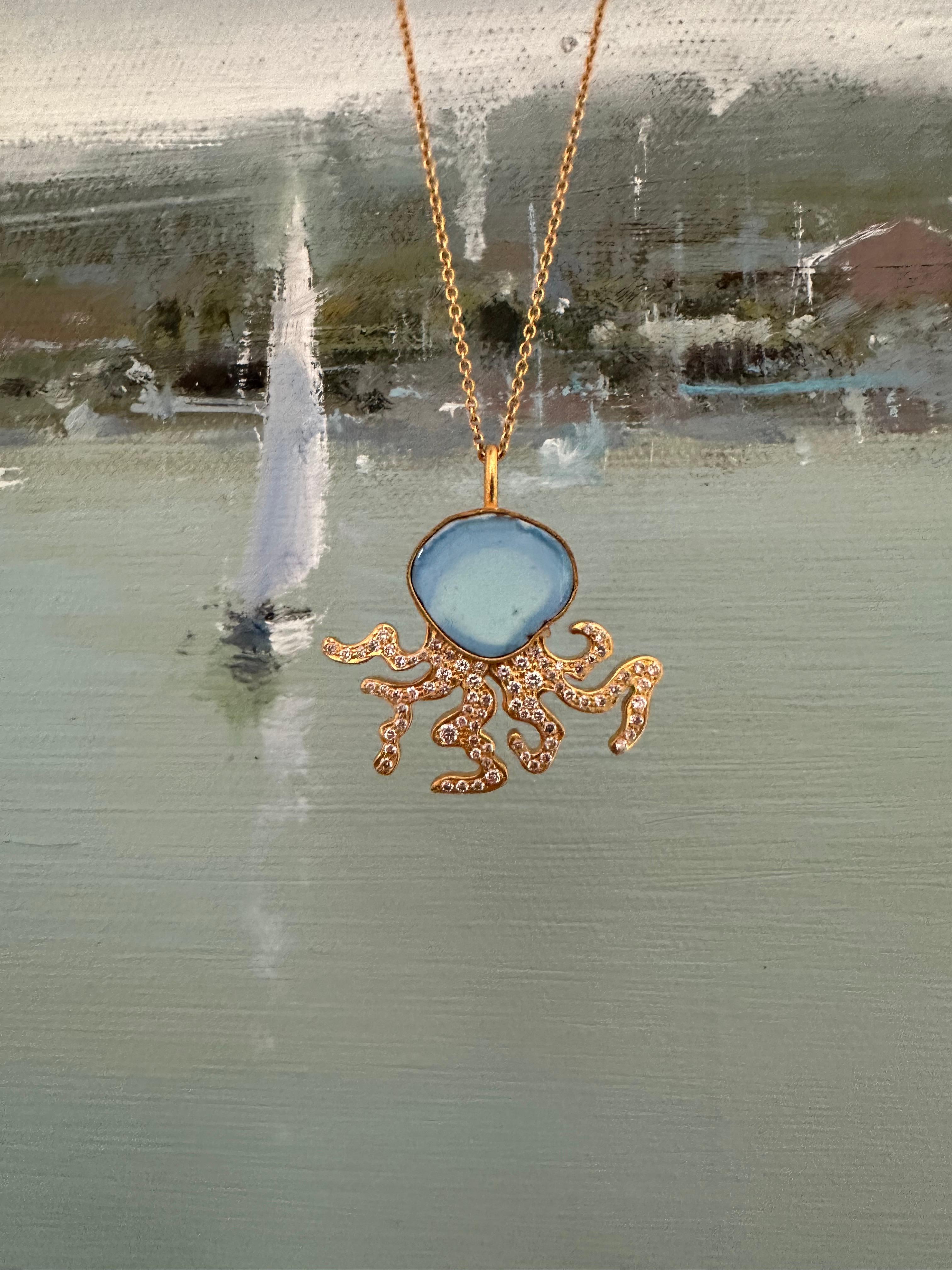 Women's or Men's .74cts Diamonds and Turquoise Octopus Necklace in 18kt Gold by Lauren Harper For Sale
