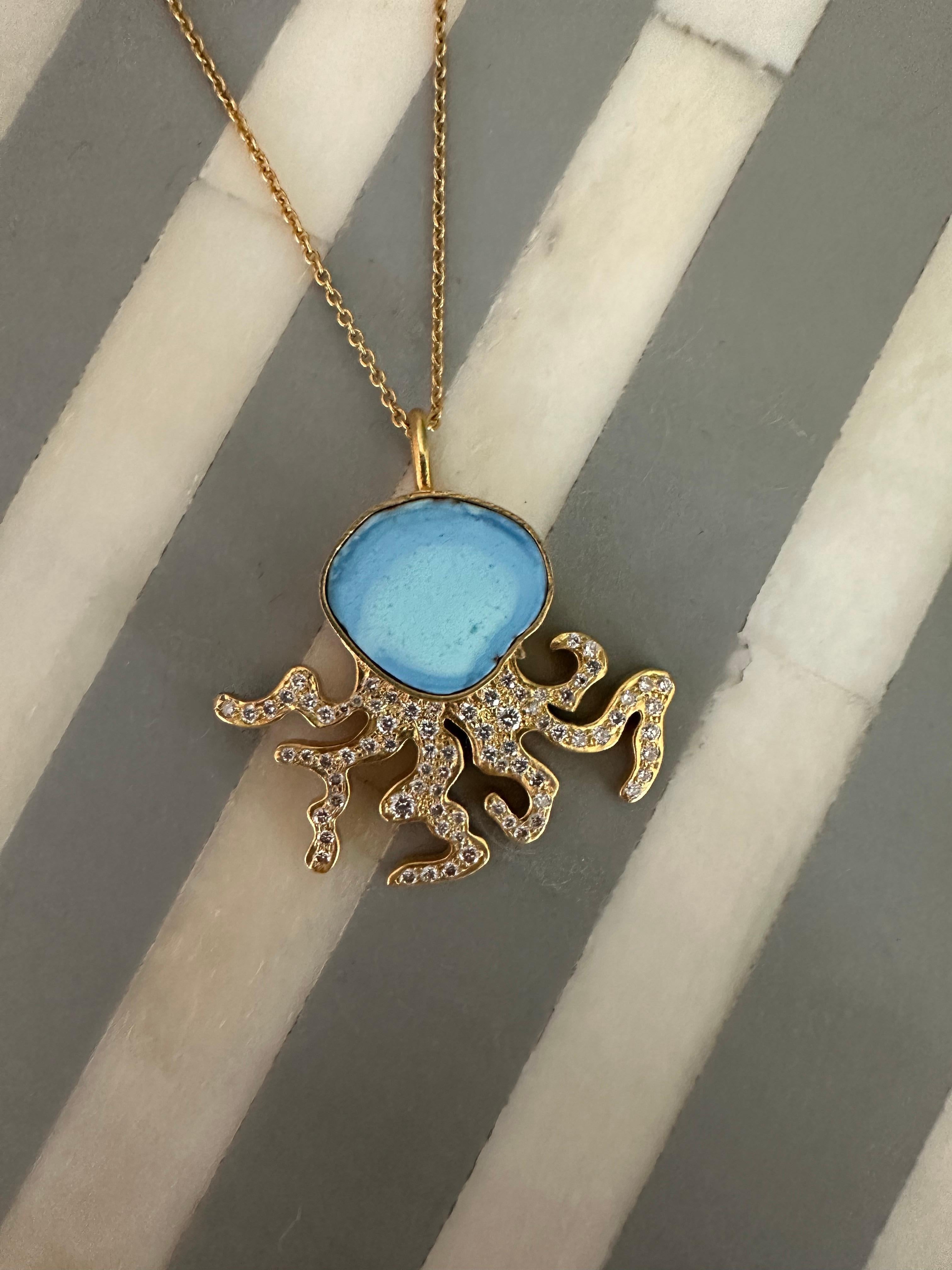 .74cts Diamonds and Turquoise Octopus Necklace in 18kt Gold by Lauren Harper For Sale 1