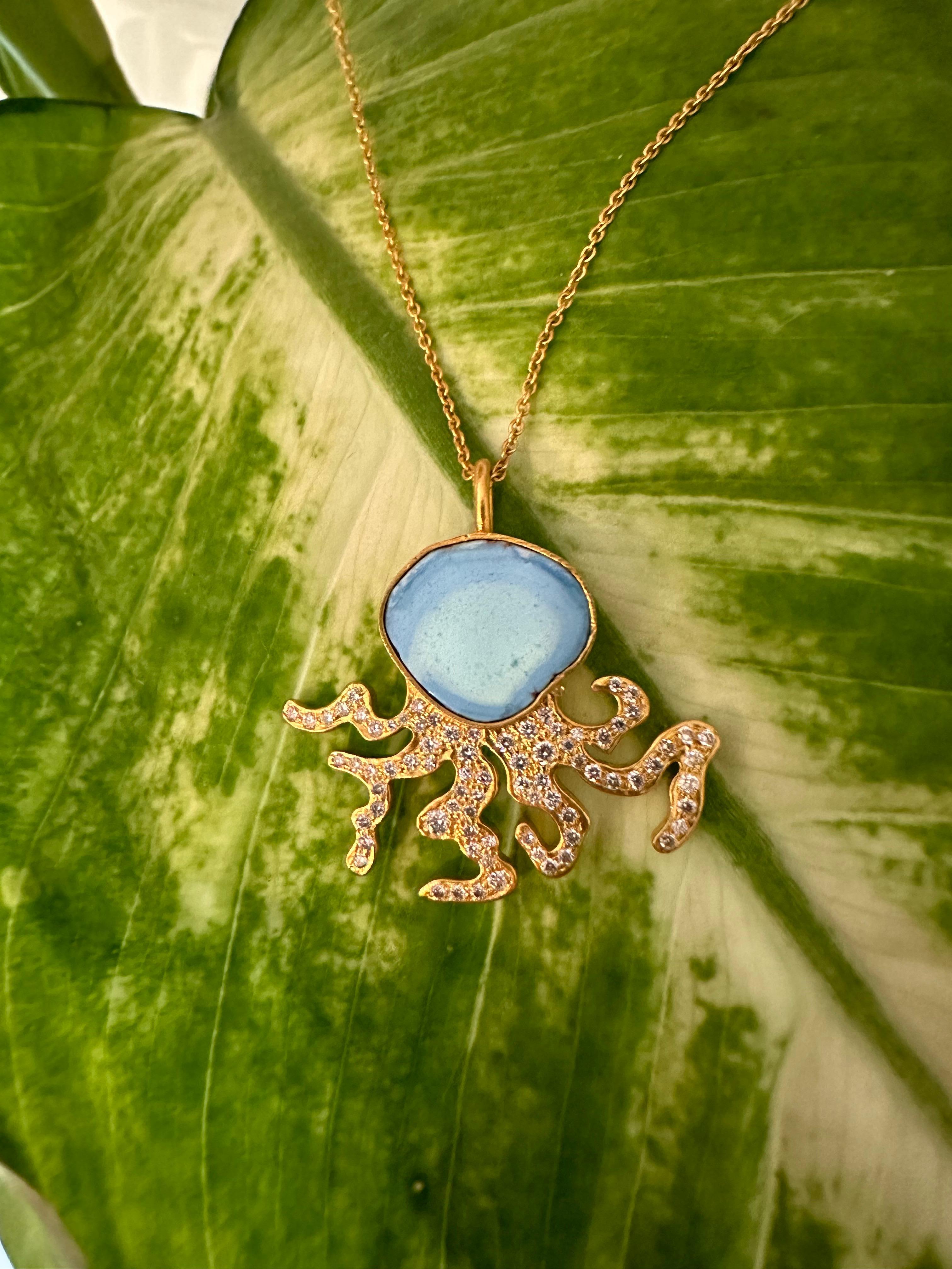 .74cts Diamonds and Turquoise Octopus Necklace in 18kt Gold by Lauren Harper For Sale 2