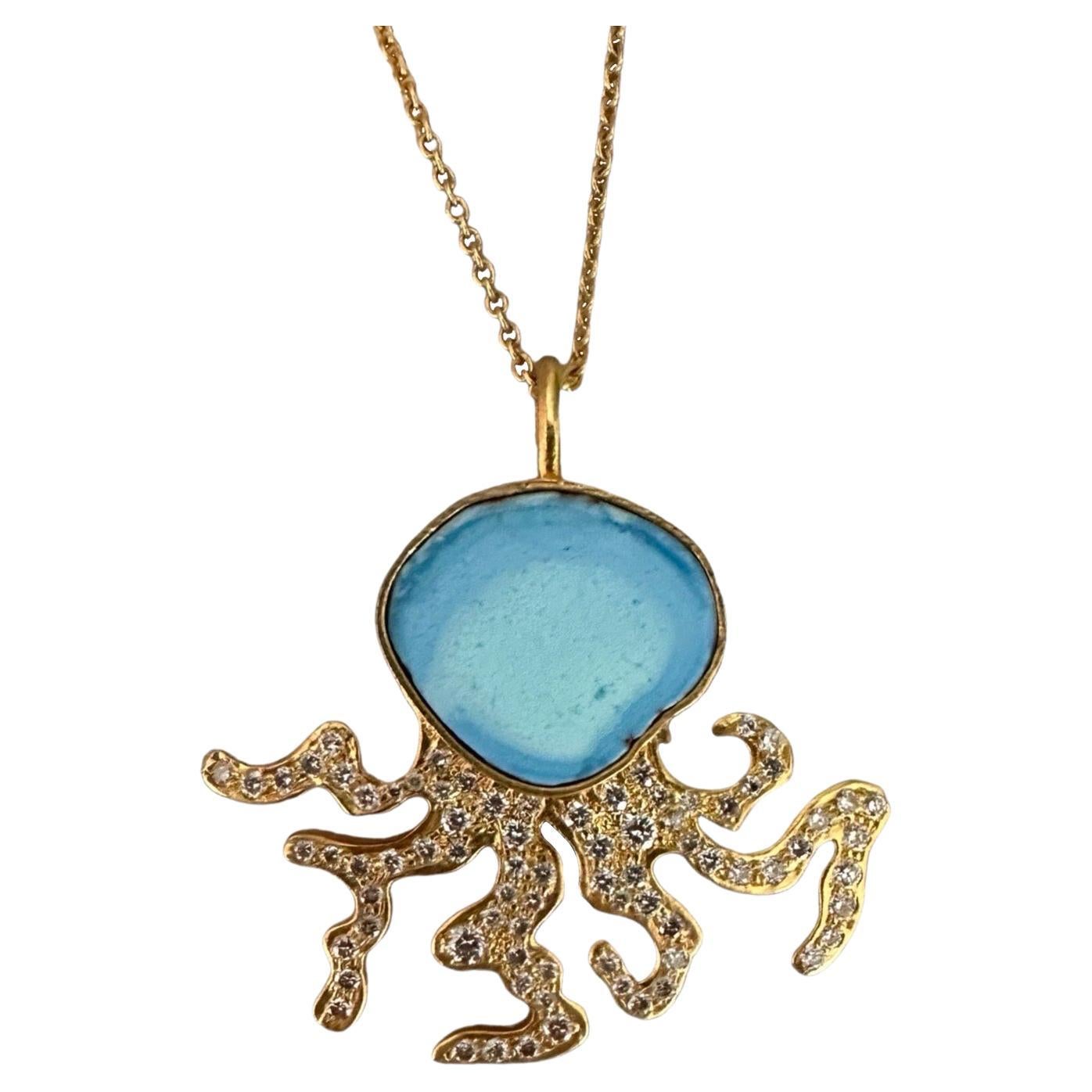.74cts Diamonds and Turquoise Octopus Necklace in 18kt Gold by Lauren Harper