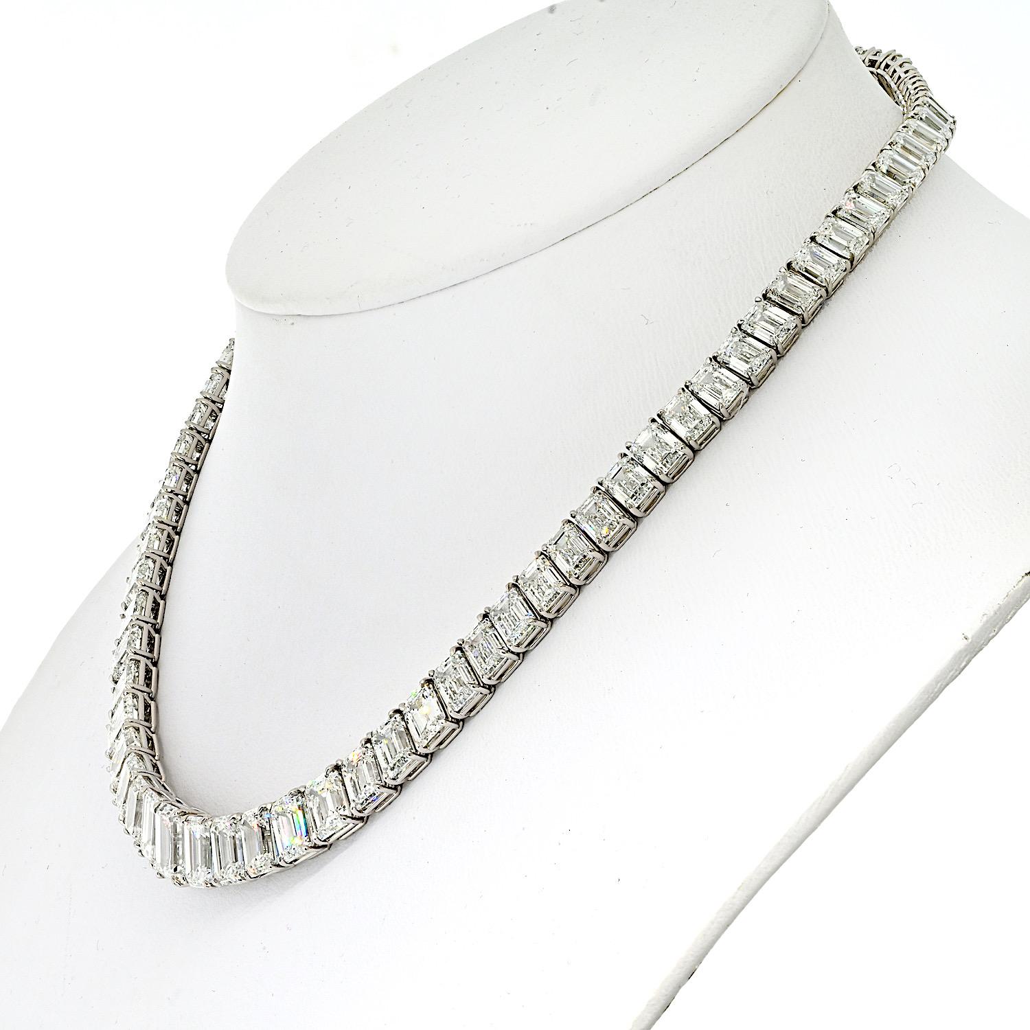 Modern 74cttw Emerald Cut GIA Diamond Tennis Necklace For Sale