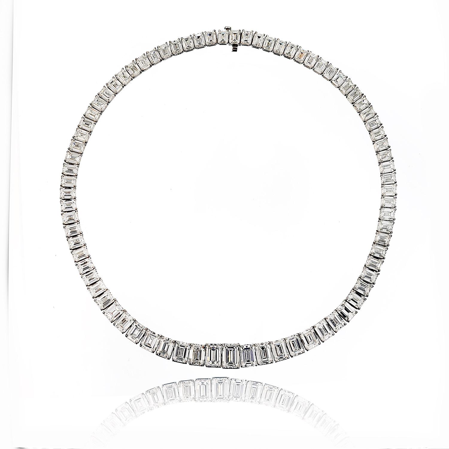 74cttw Emerald Cut GIA Diamond Tennis Necklace In New Condition For Sale In New York, NY