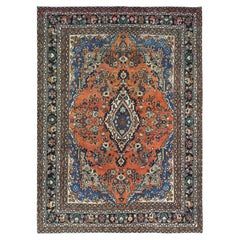 7'4"x10' Rust Color, Worn Wool Hand Knotted, Vintage Farsian Bibikabad Rug
