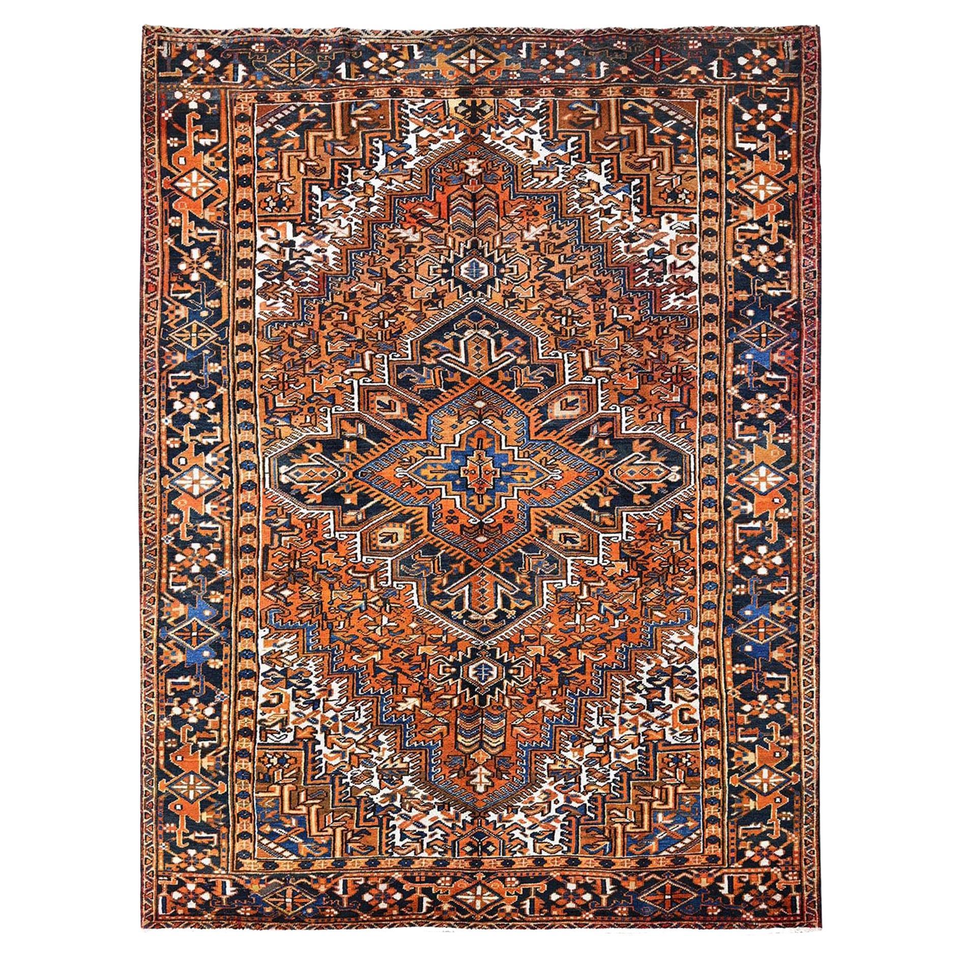 7'4"x10'1" Apricot Orange Vintage Persian Heriz Hand Knotted Pure Wool Clean Rug