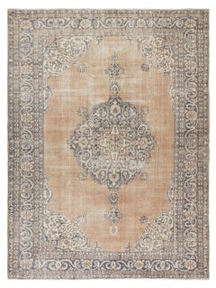 7.4x10.4 Ft Tappeto vintage fatto a mano in lana Oushak turca con design a medaglione