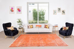 7.4x10.5 Ft Vintage Handknotted Turkish Wool Area Rug, Orange Overdyed Carpet