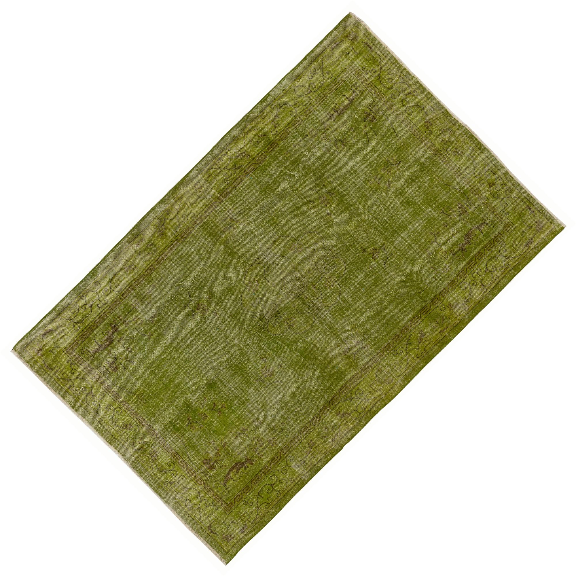 Mid-20th Century 7.4x10.7 Ft  Vintage Handmade Rug Re-dyed in Chartreuse, Art Deco Chinese Design