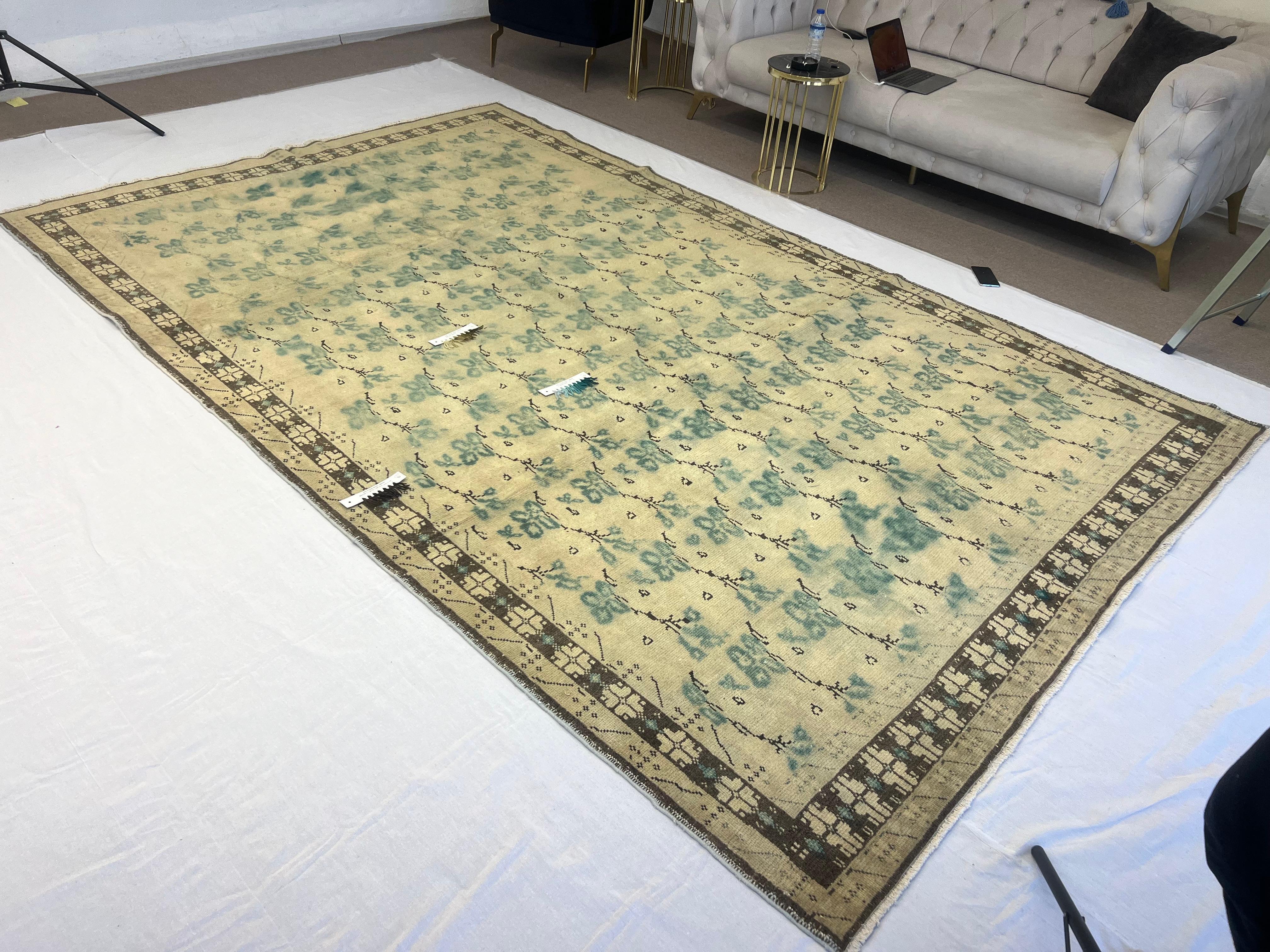 7.4x12 Ft Vintage Handmade Turkish Wool Rug in Beige, Green and Brown Colors 3