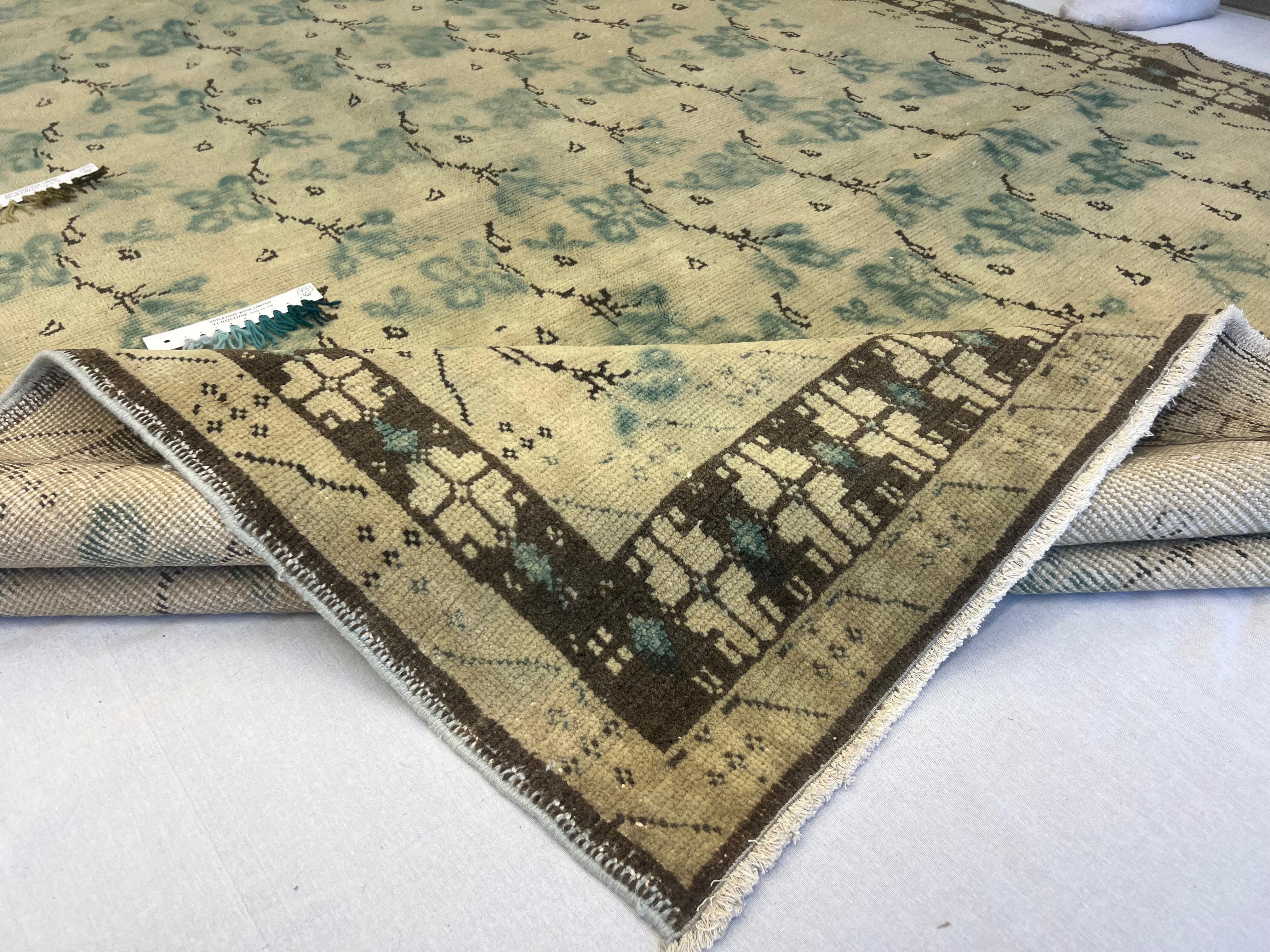 7.4x12 Ft Vintage Handmade Turkish Wool Rug in Beige, Green and Brown Colors 4