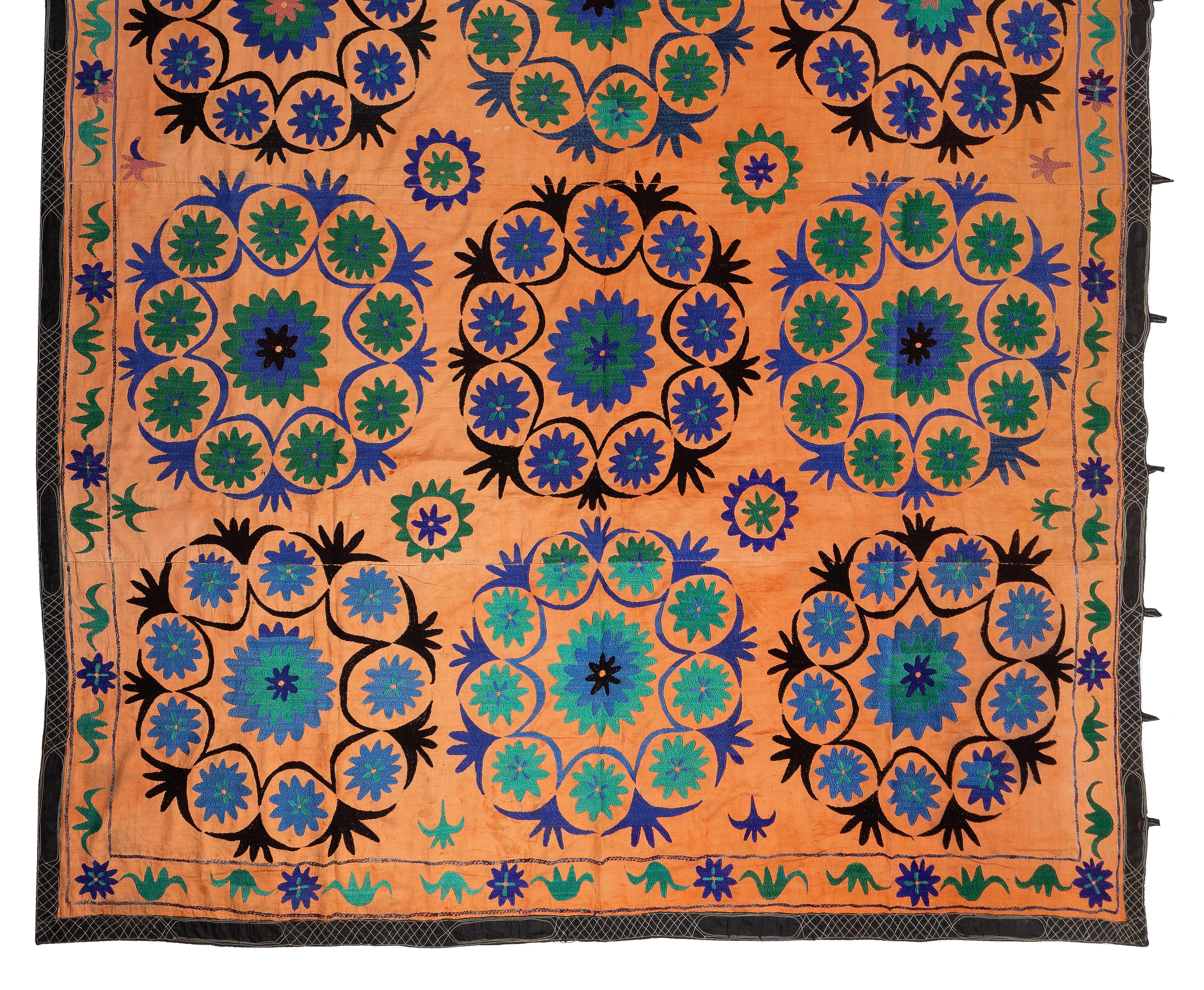 7.4x12 Ft Vintage Uzbek Floral Silk Embroidered Suzani Large Bed Cover in Orange In Good Condition For Sale In Philadelphia, PA