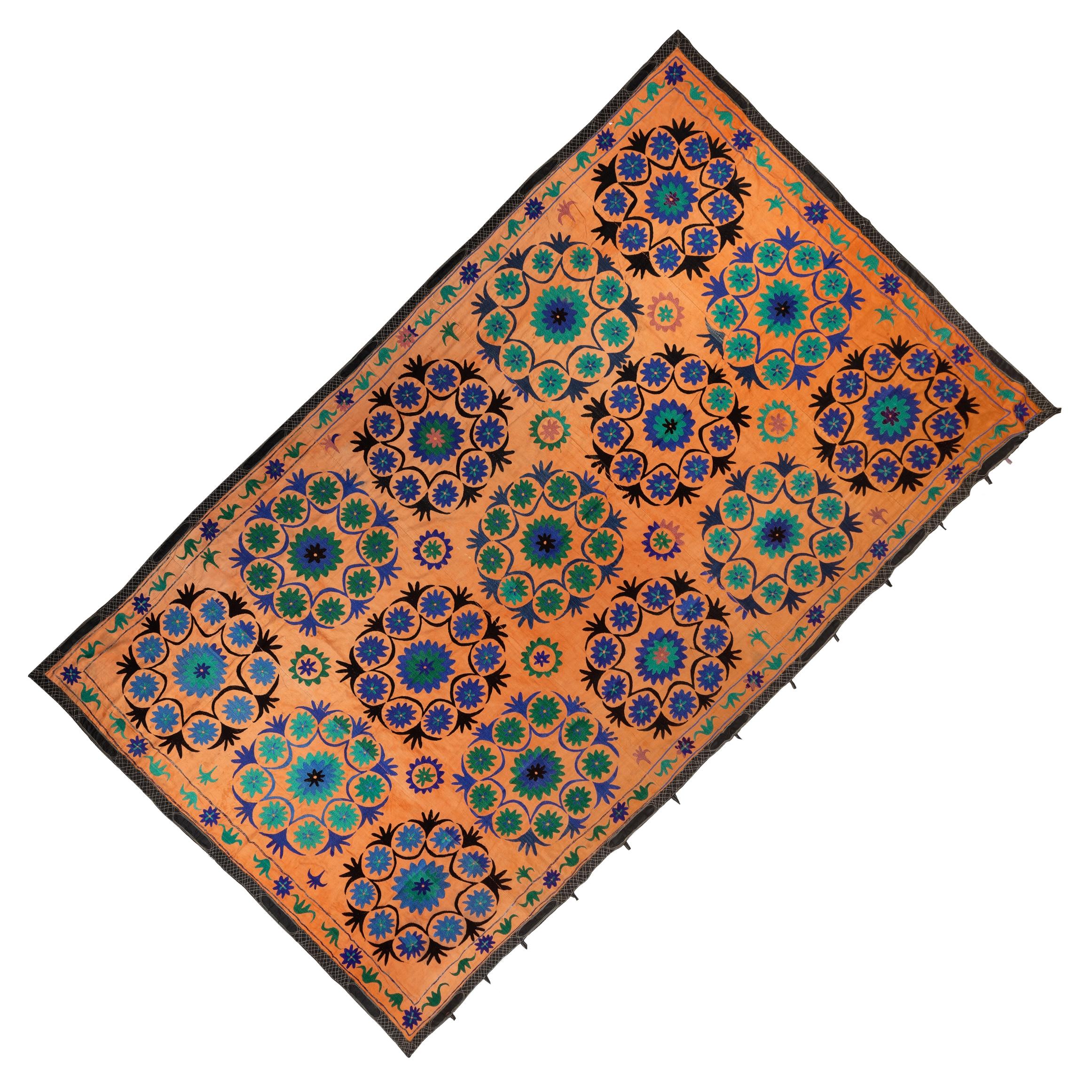 Cotton 7.4x12 Ft Vintage Uzbek Floral Silk Embroidered Suzani Large Bed Cover in Orange For Sale