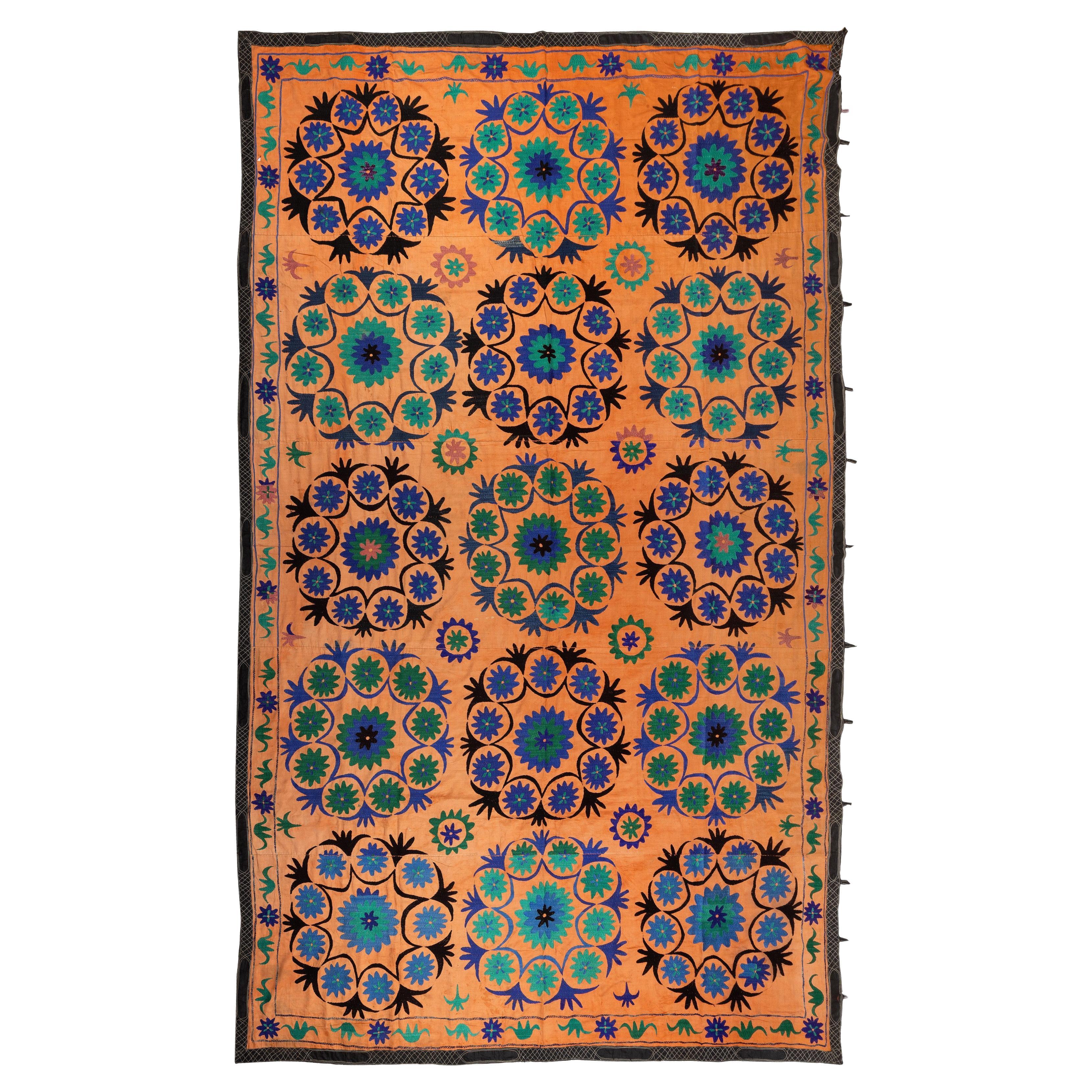 7.4x12 Ft Vintage Uzbek Floral Silk Embroidered Suzani Large Bed Cover in Orange For Sale