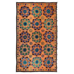 7.4x12 Ft Vintage Uzbek Floral Silk Embroidered Suzani Large Bed Cover in Orange