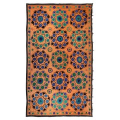 7,4x12 Ft Vintage Uzbek Floral Seide bestickter Suzani Großer Bettbezug in Orange