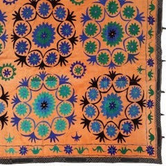 7.4x12 Ft Vintage Uzbek Floral Silk Embroidered Suzani Large Bed Cover in Orange