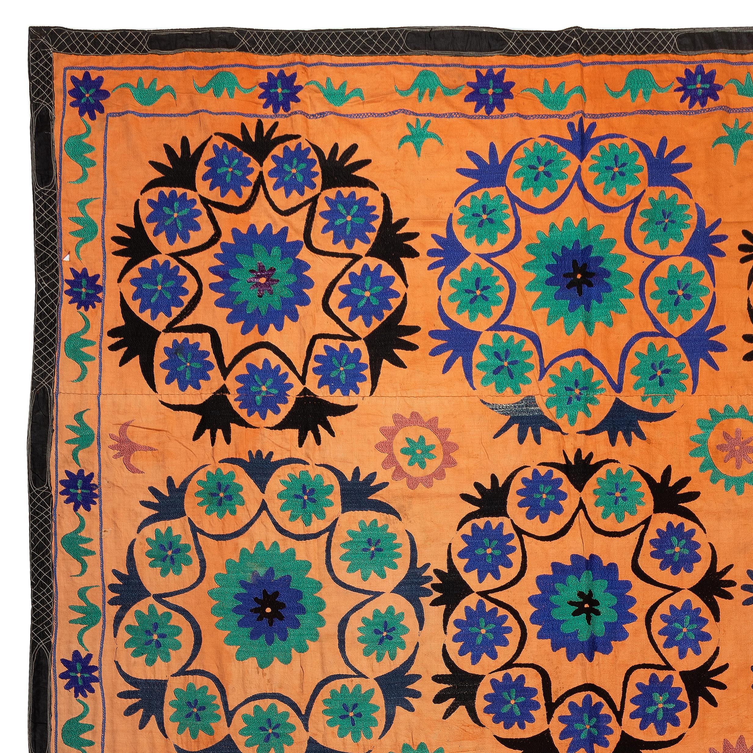 7.4x12 Ft Vintage Uzbek Floral Silk Embroidered Suzani Large Bed Cover in Orange In Good Condition For Sale In Spring Valley, NY