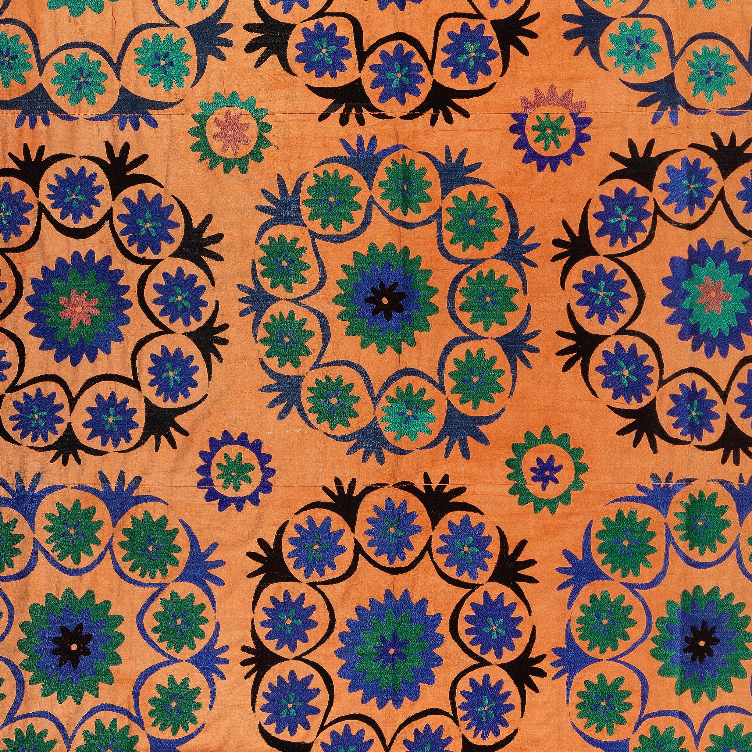 Late 20th Century 7.4x12 Ft Vintage Uzbek Floral Silk Embroidered Suzani Large Bed Cover in Orange For Sale