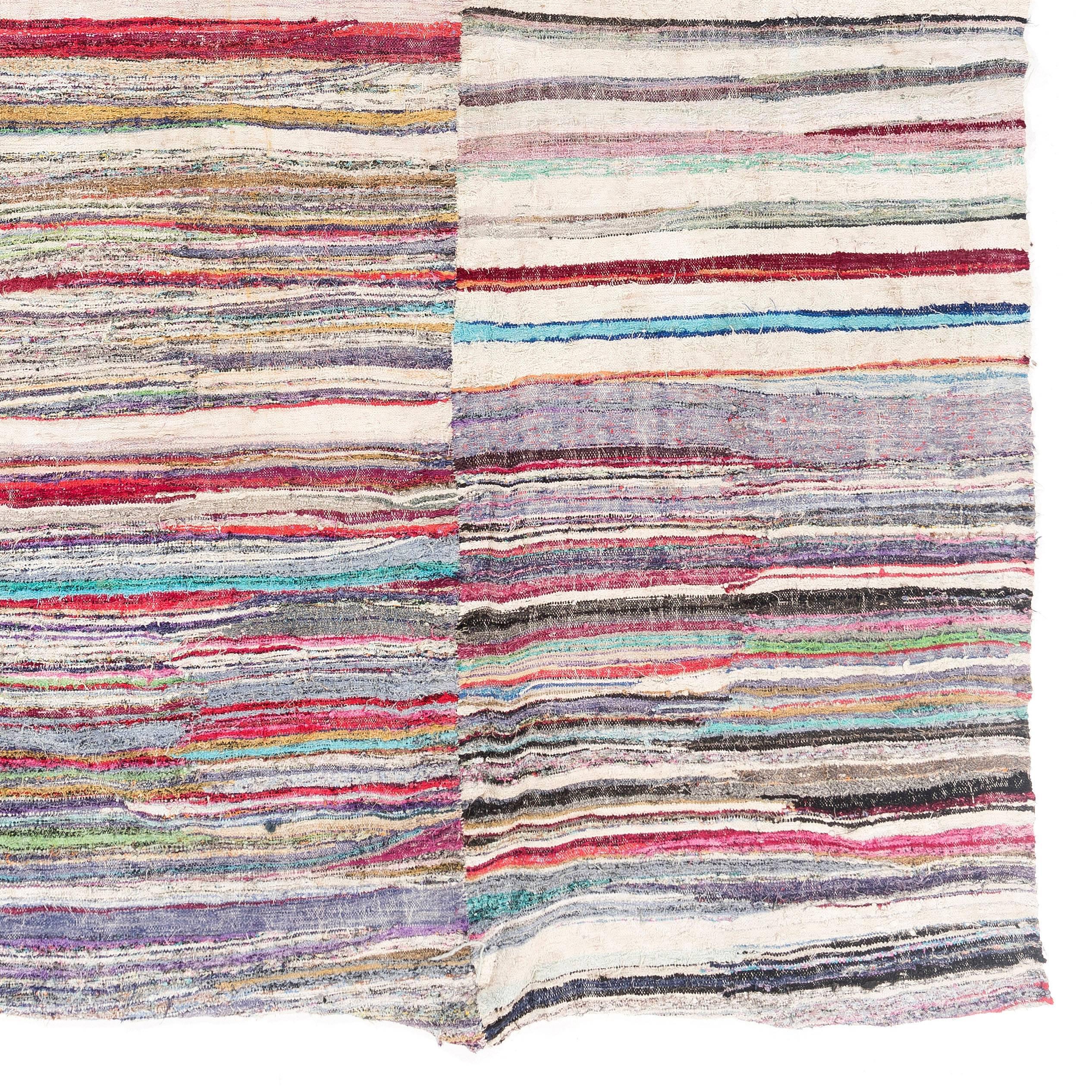 7.4x12.7 Ft Vintage gestreifter Rag-Teppich aus Baumwolle mit Muster. Flachgewebter Kelim-Teppich (Türkisch) im Angebot