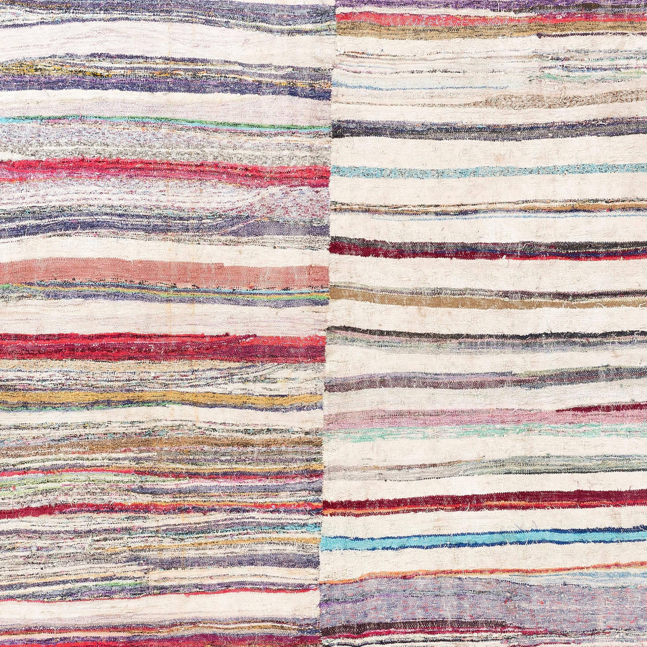Turkish 7.4x12.7 Ft Vintage Striped Pattern Cotton Rag Rug. Flat-Weave Kilim Carpet For Sale