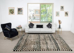 7.4x9.2 Ft Checkered Handmade Tulu Rug in Beige, Black & Black, 100% Soft Wool