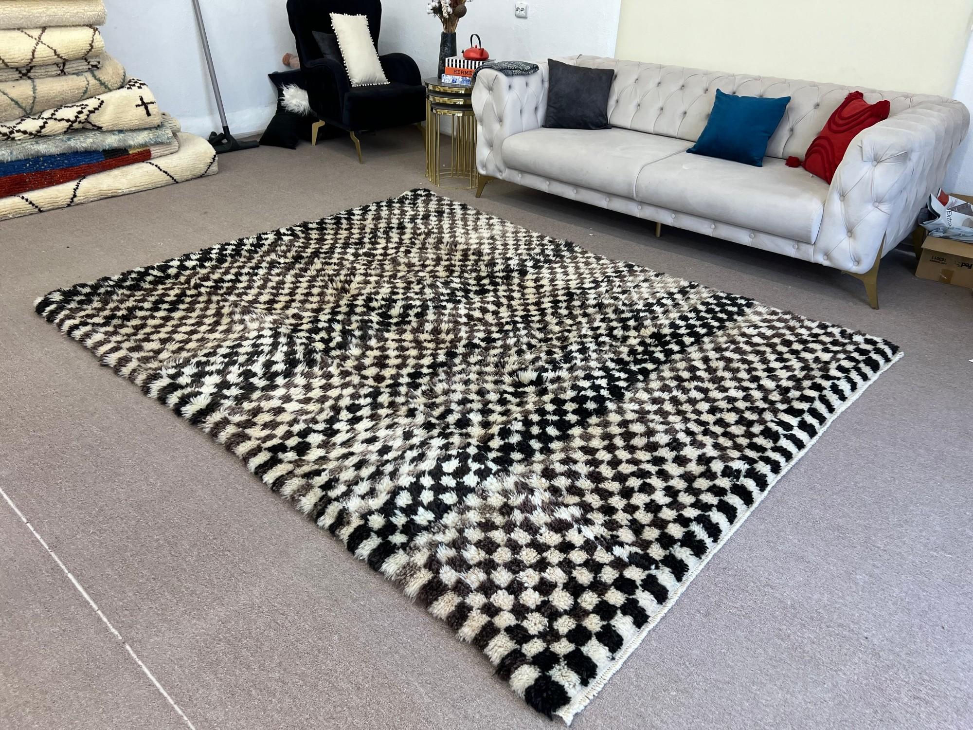 Turkish 7.4x9.2 Ft Checkered Handmade Tulu Rug in Beige, Black & Black, All Natural Wool For Sale