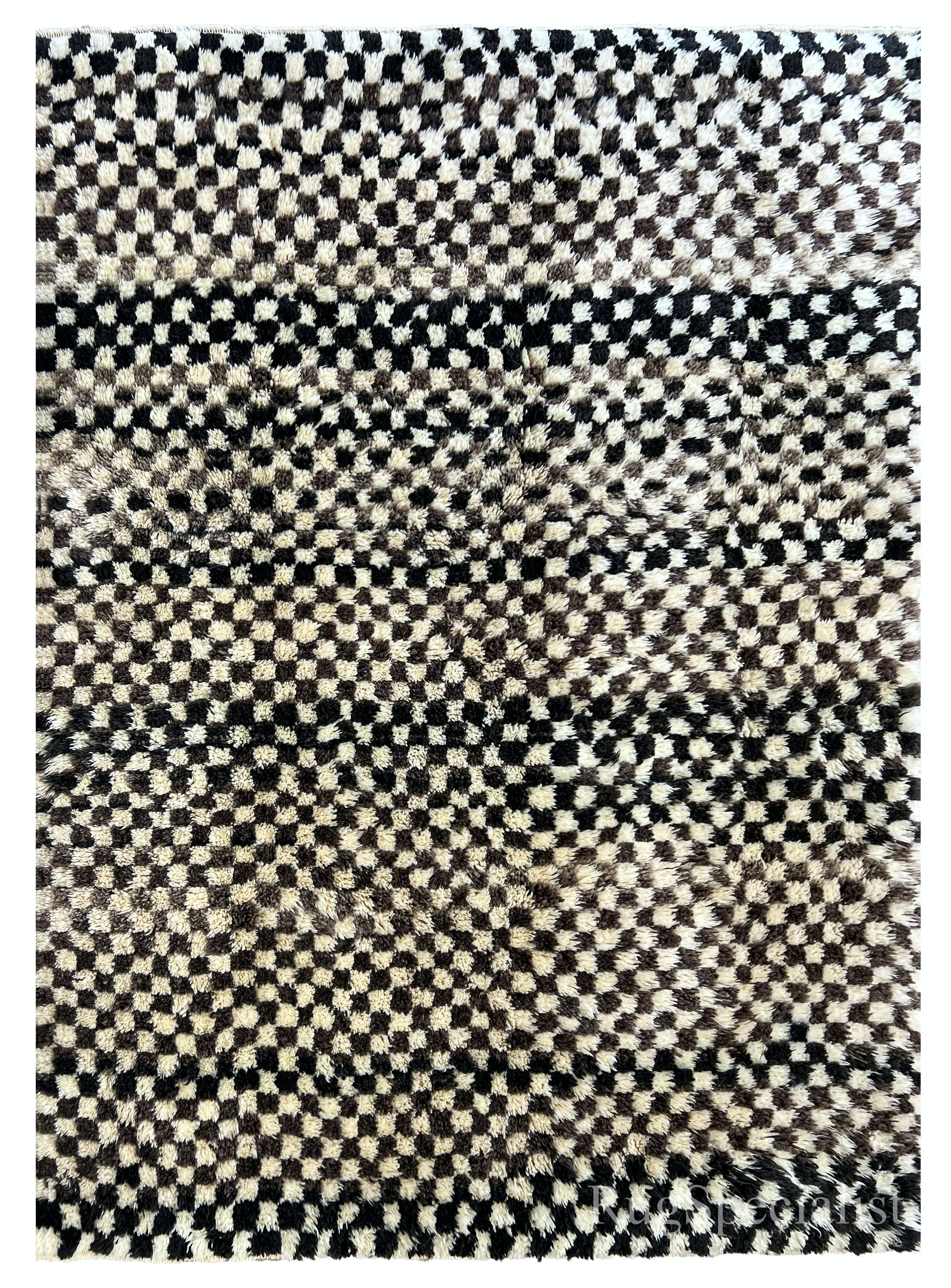 7.4x9.2 Ft Checkered Handmade Tulu Rug in Beige, Black & Black, All Natural Wool For Sale