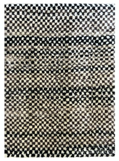 7,4x9.2 Ft Karierter handgefertigter Tulu-Teppich in Beige, Schwarz & Schwarz, ganz aus natürlicher Wolle