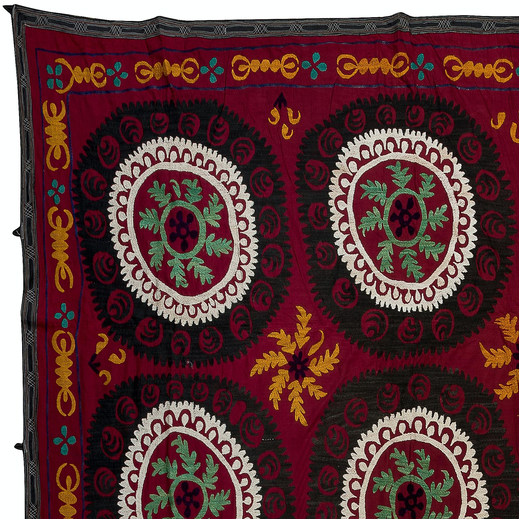 Suzani 7.4x9.4 Ft Silk Embroidery Bed Cover, Burgundy Red Throw, Vintage Uzbek Blanket For Sale