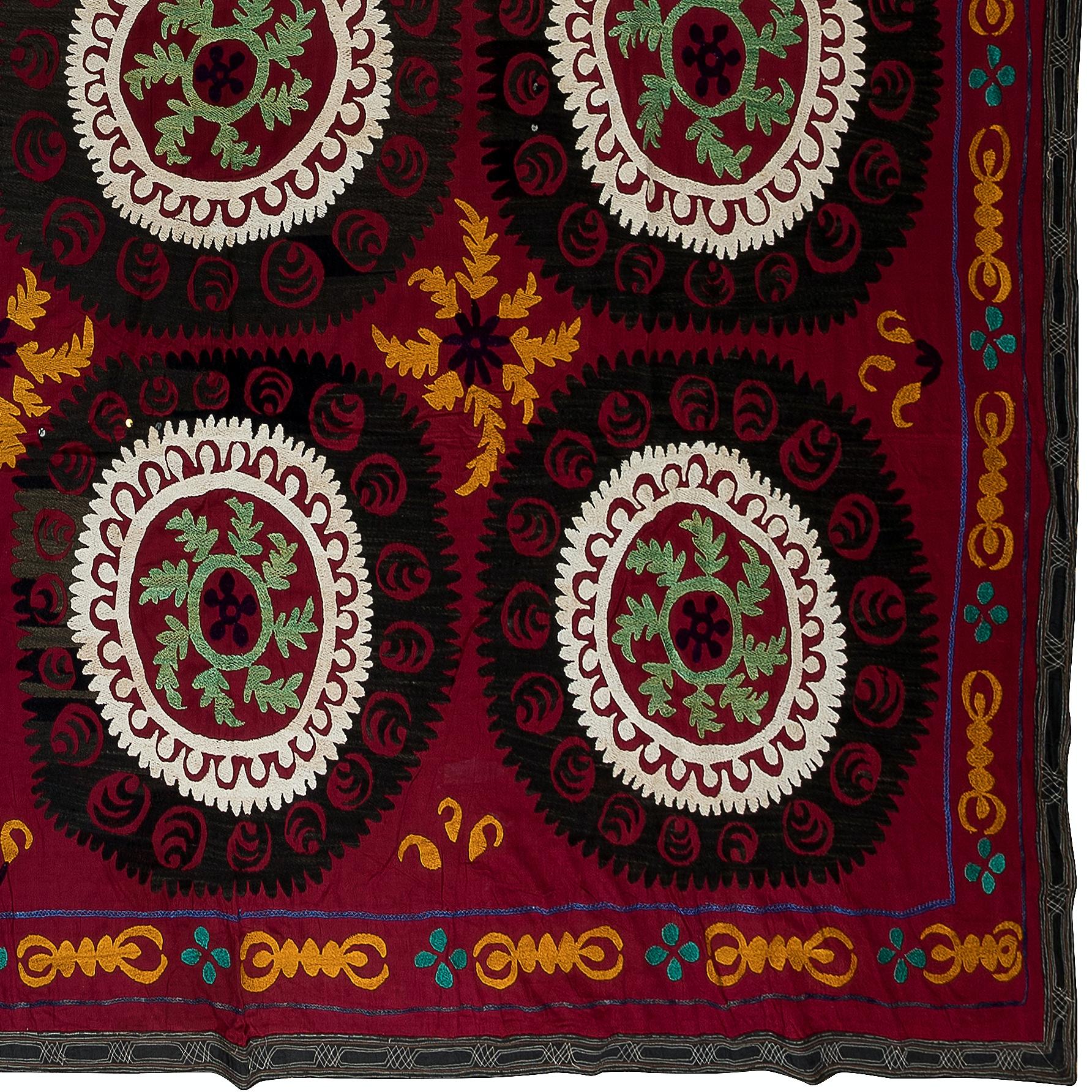 Embroidered 7.4x9.4 Ft Silk Embroidery Bed Cover, Burgundy Red Throw, Vintage Uzbek Blanket For Sale