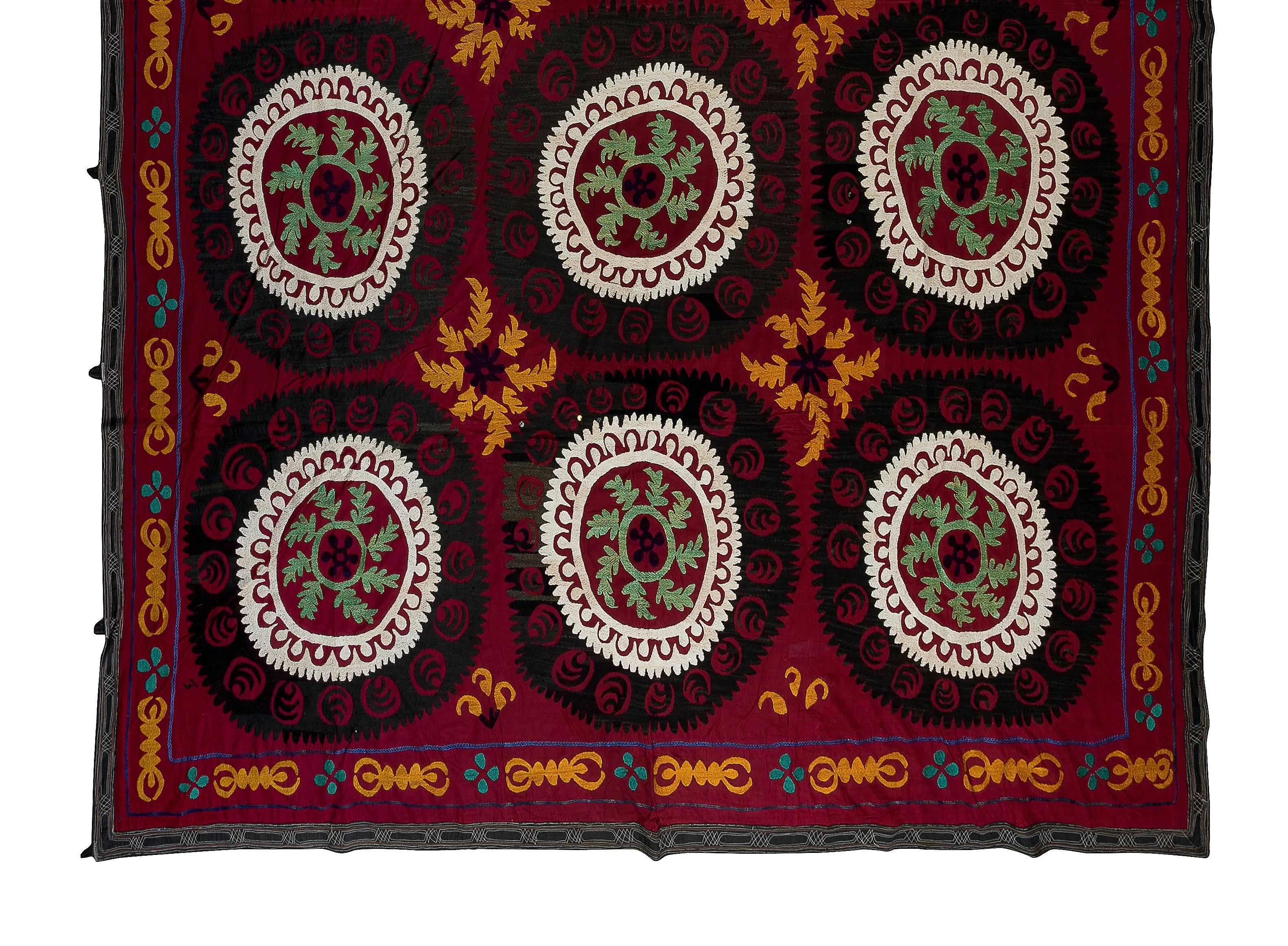 Uzbek Vintage Silk Embroidery Bed Cover, Central Asian Suzani Wall Hanging For Sale