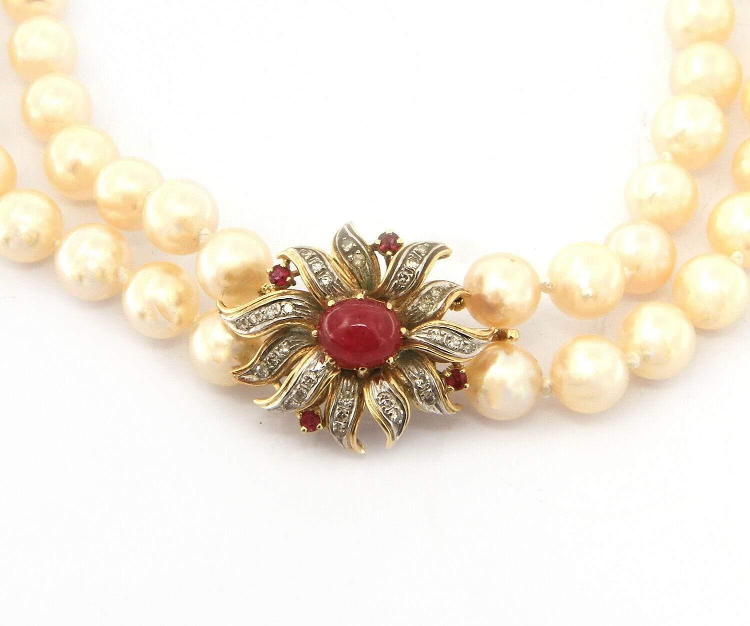 Round Cut Cultured Pearl Double Strand Diamond and Ruby Clasp Necklace in 14K