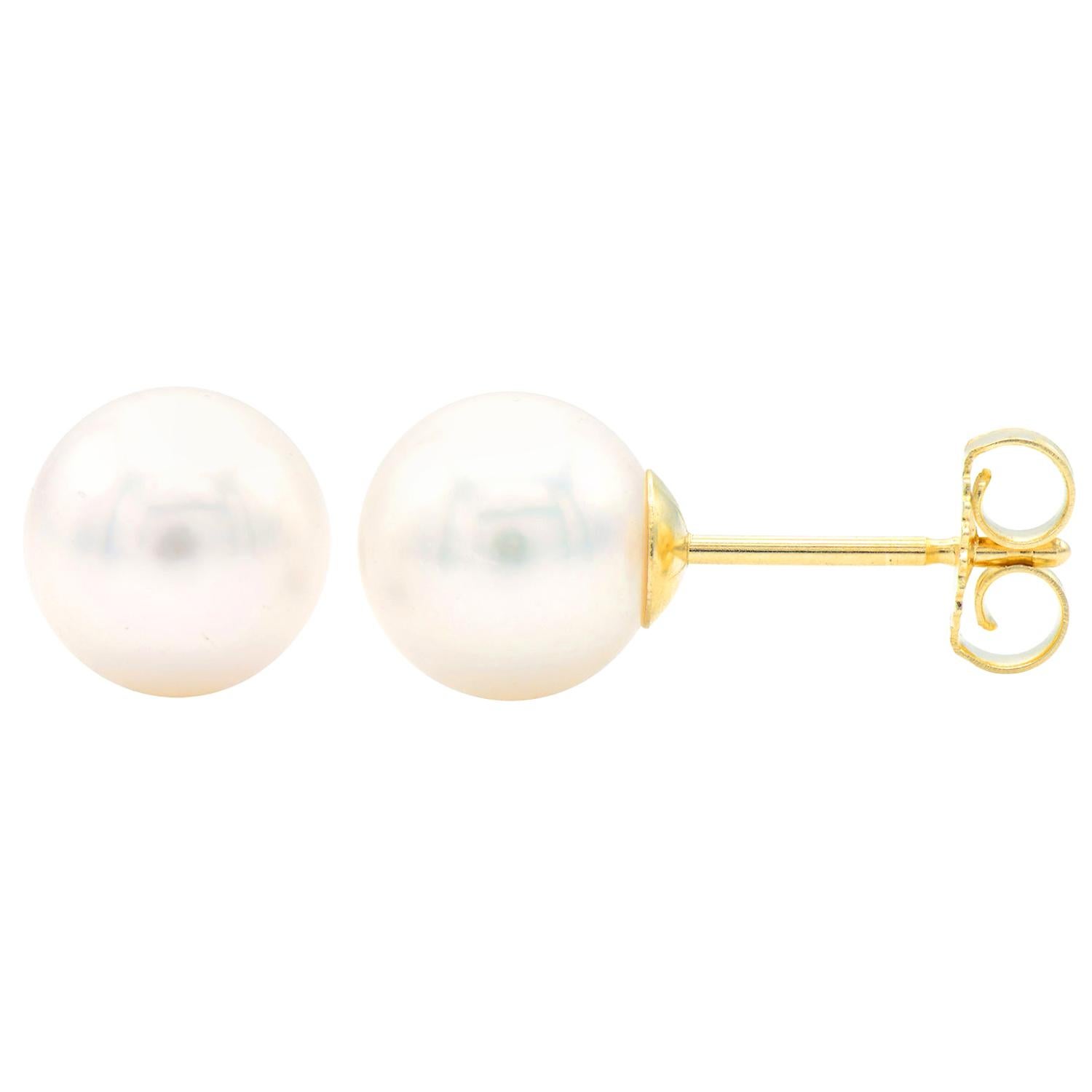 Clous d'oreilles en perles de culture de 7,5-8 mm avec tige et dos en or jaune 14 carats en vente