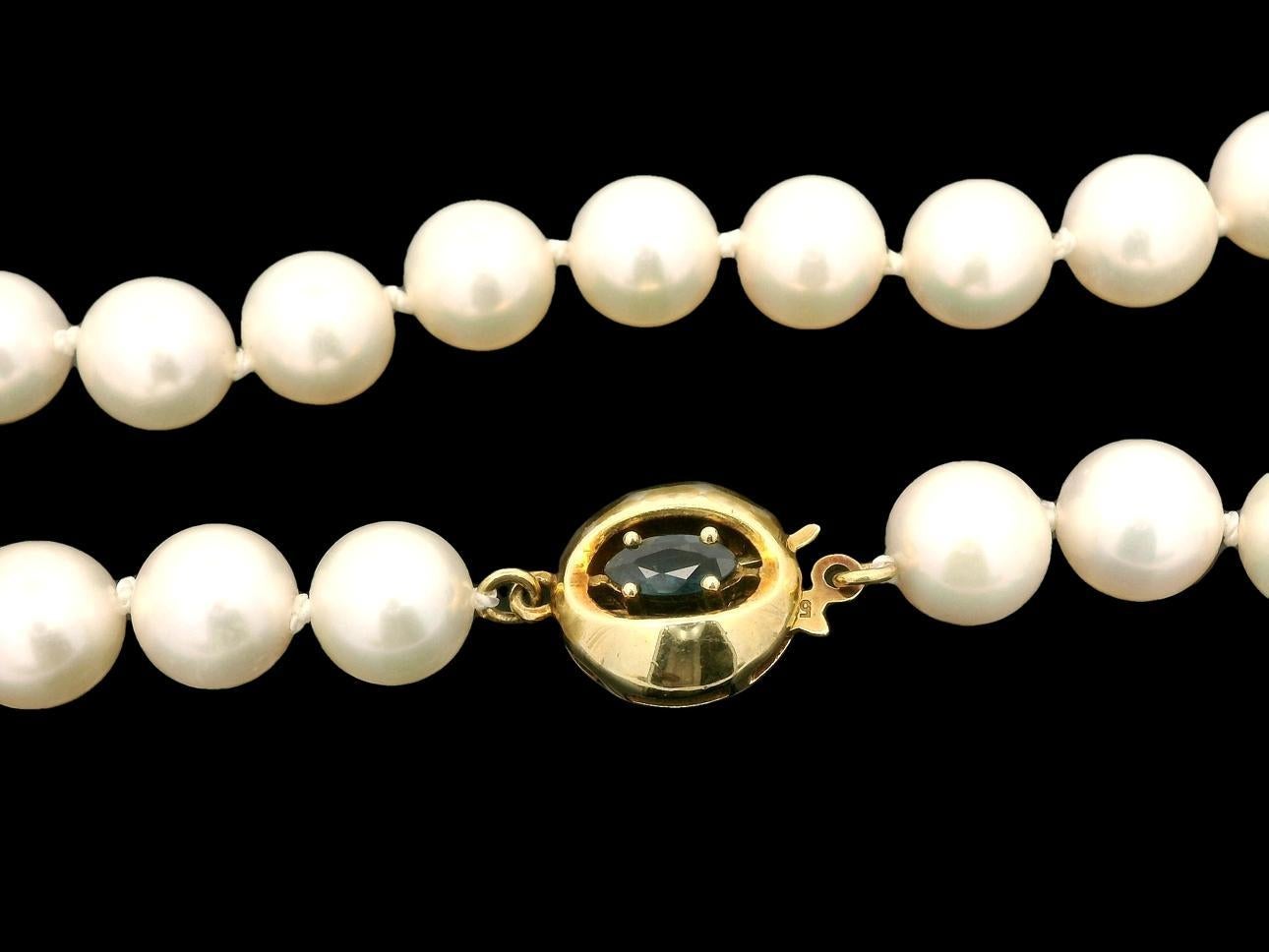 --Stone(s):--
(53) Genuine Cultured Pearls - Round Shape - Strung - White Color - Very Nice Luster- 7.5-8mm each (approx.)
(2) Natural Genuine Sapphires - Marquise Cut - Prong Set - Dark Blue Color - 6x3mm - 0.70ctw (approx.)

Material: String w/