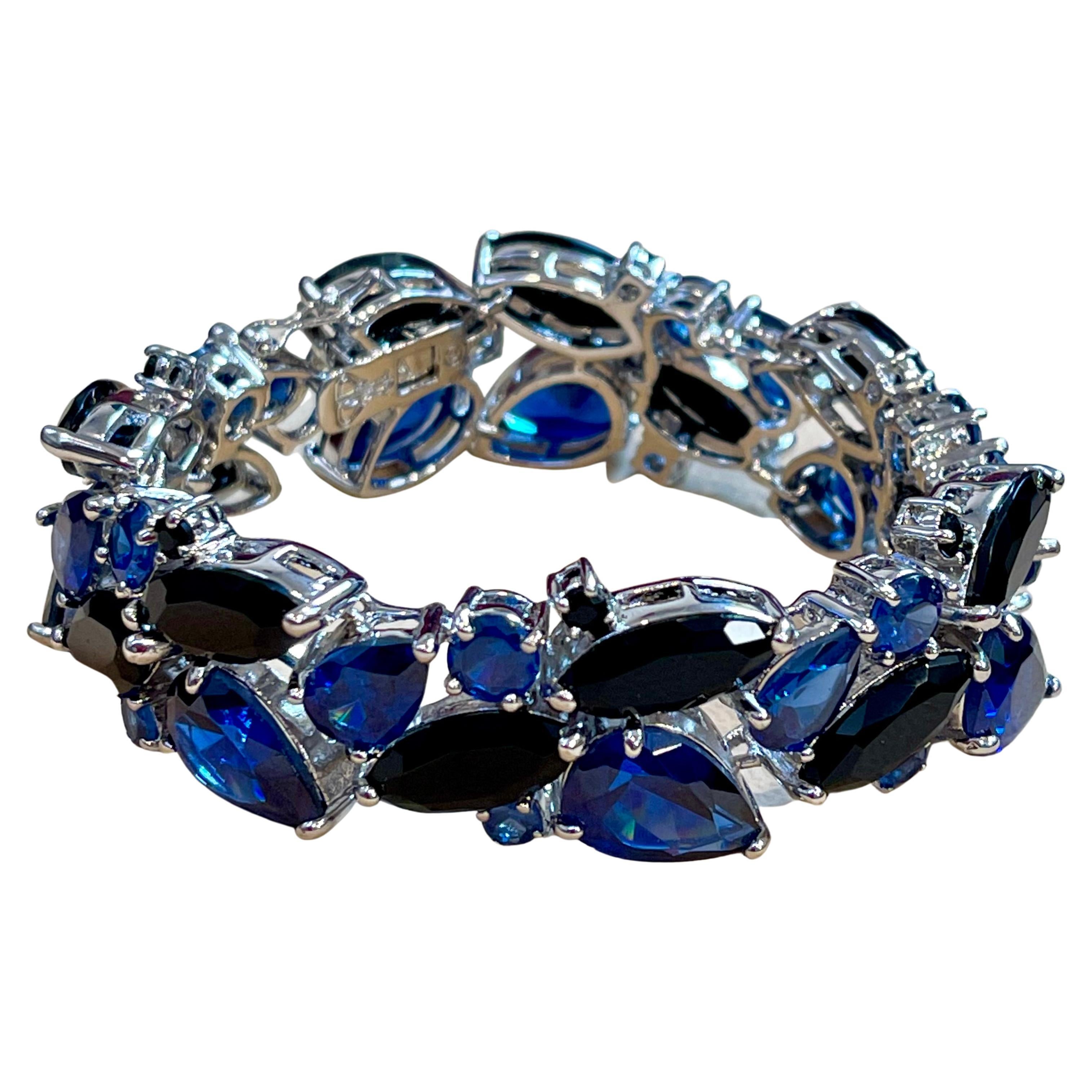  7.5" Bracelet Timeless Elegance Wide Sterling Silver bracelet Big  Blue Crystal