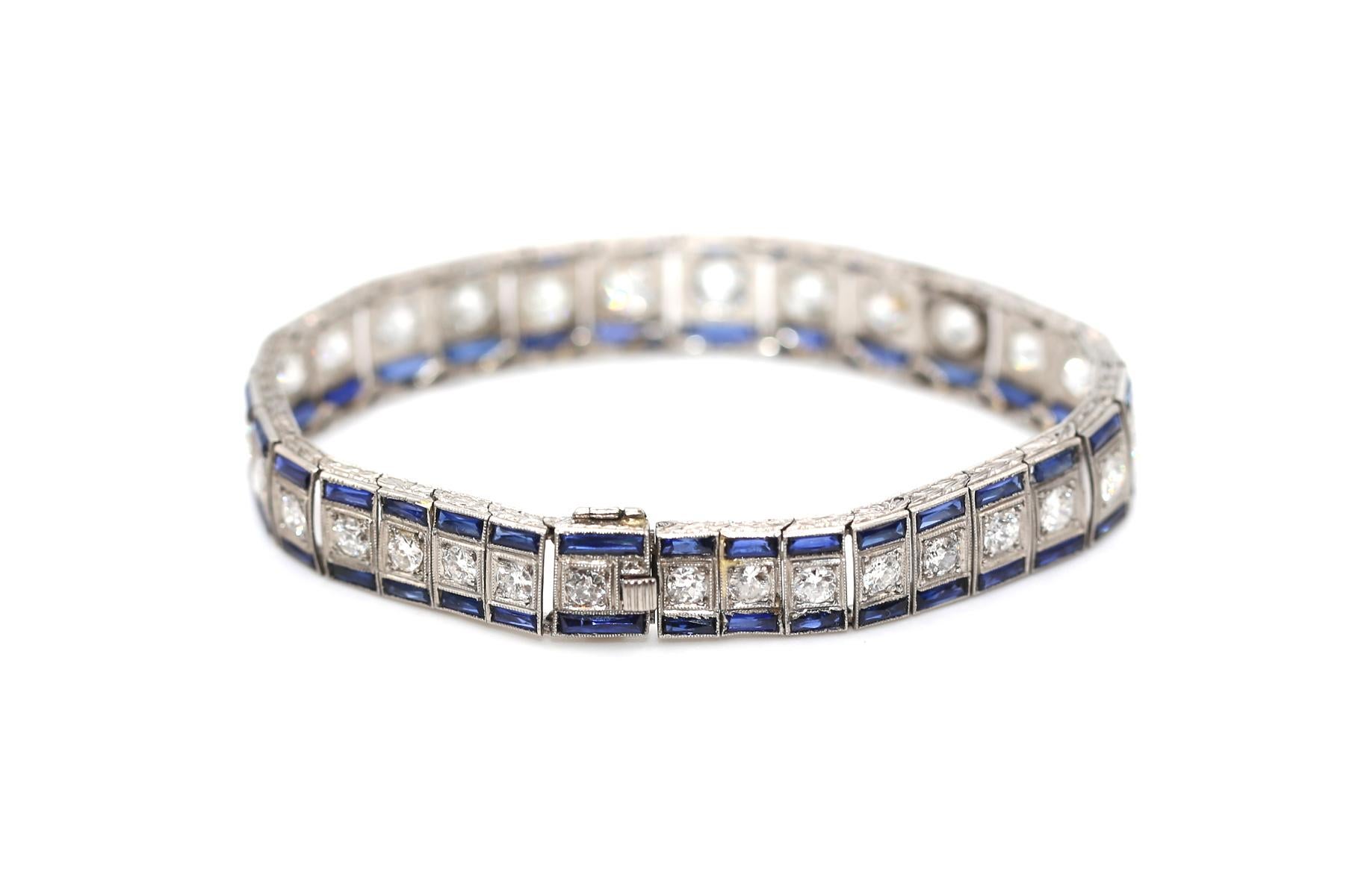 Art Deco 7.5 C Diamonds Sapphires Platinum Tennis Bracelet, 1920 For Sale