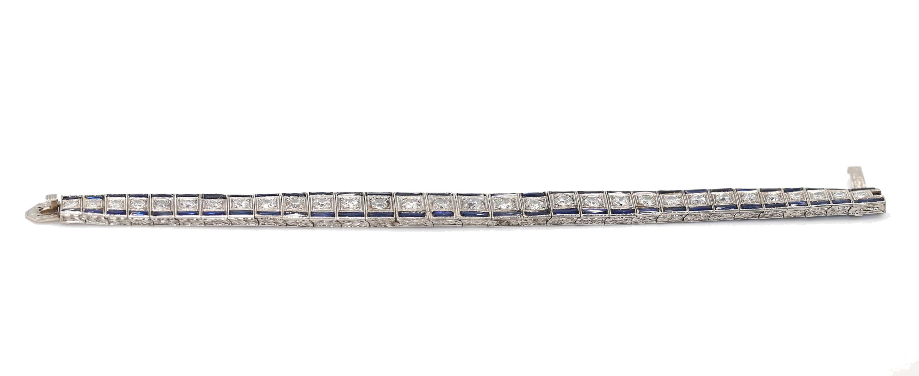 Round Cut 7.5 C Diamonds Sapphires Platinum Tennis Bracelet, 1920 For Sale