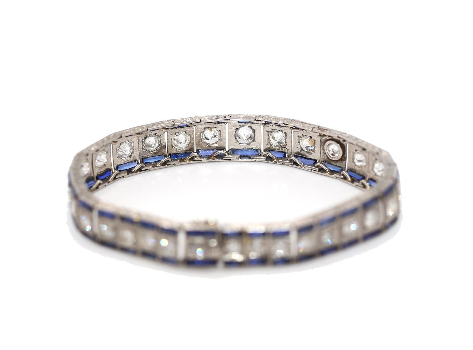 7.5 C Diamonds Sapphires Platinum Tennis Bracelet, 1920 For Sale 1