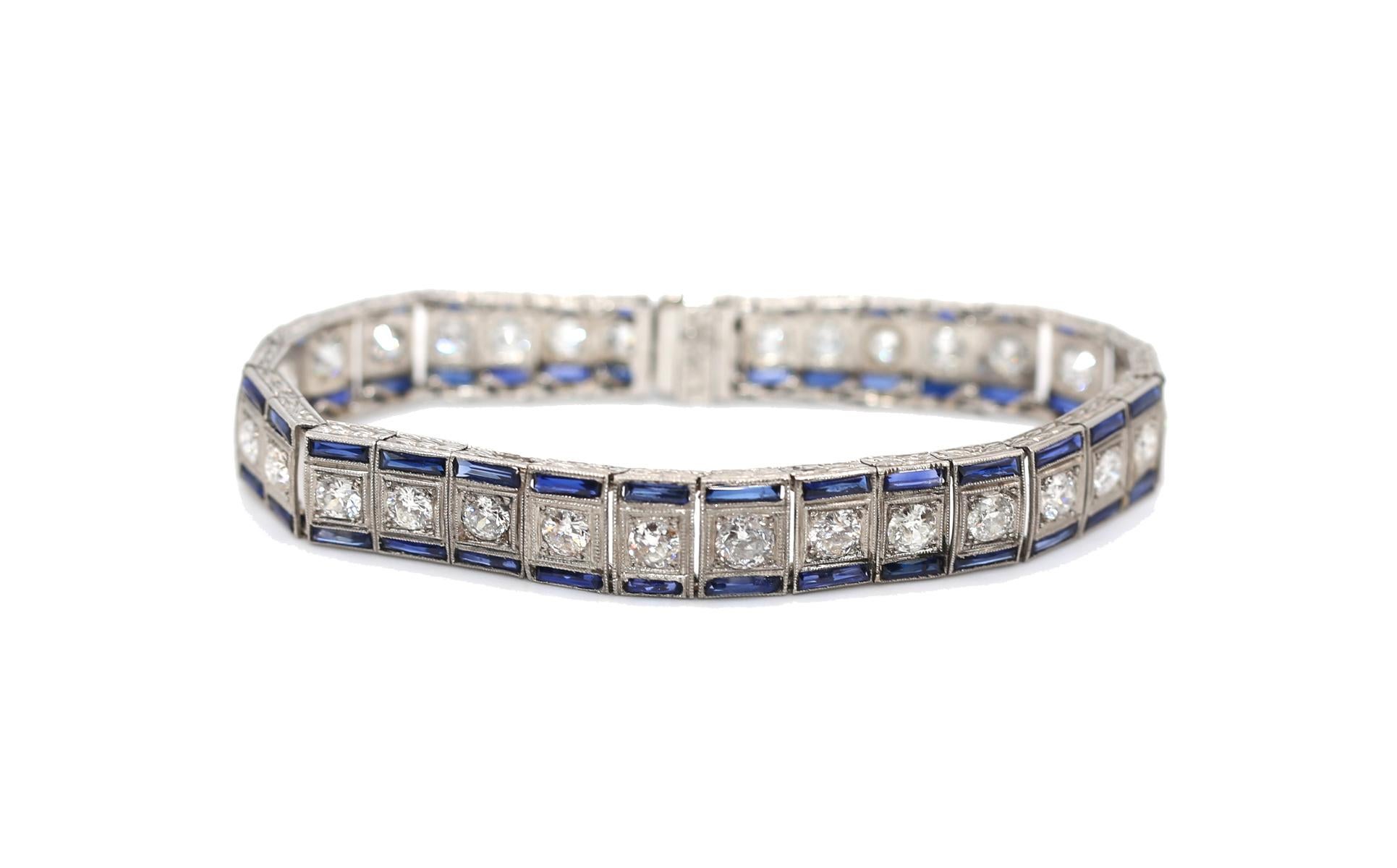 7.5 C Diamonds Sapphires Platinum Tennis Bracelet, 1920 For Sale 2