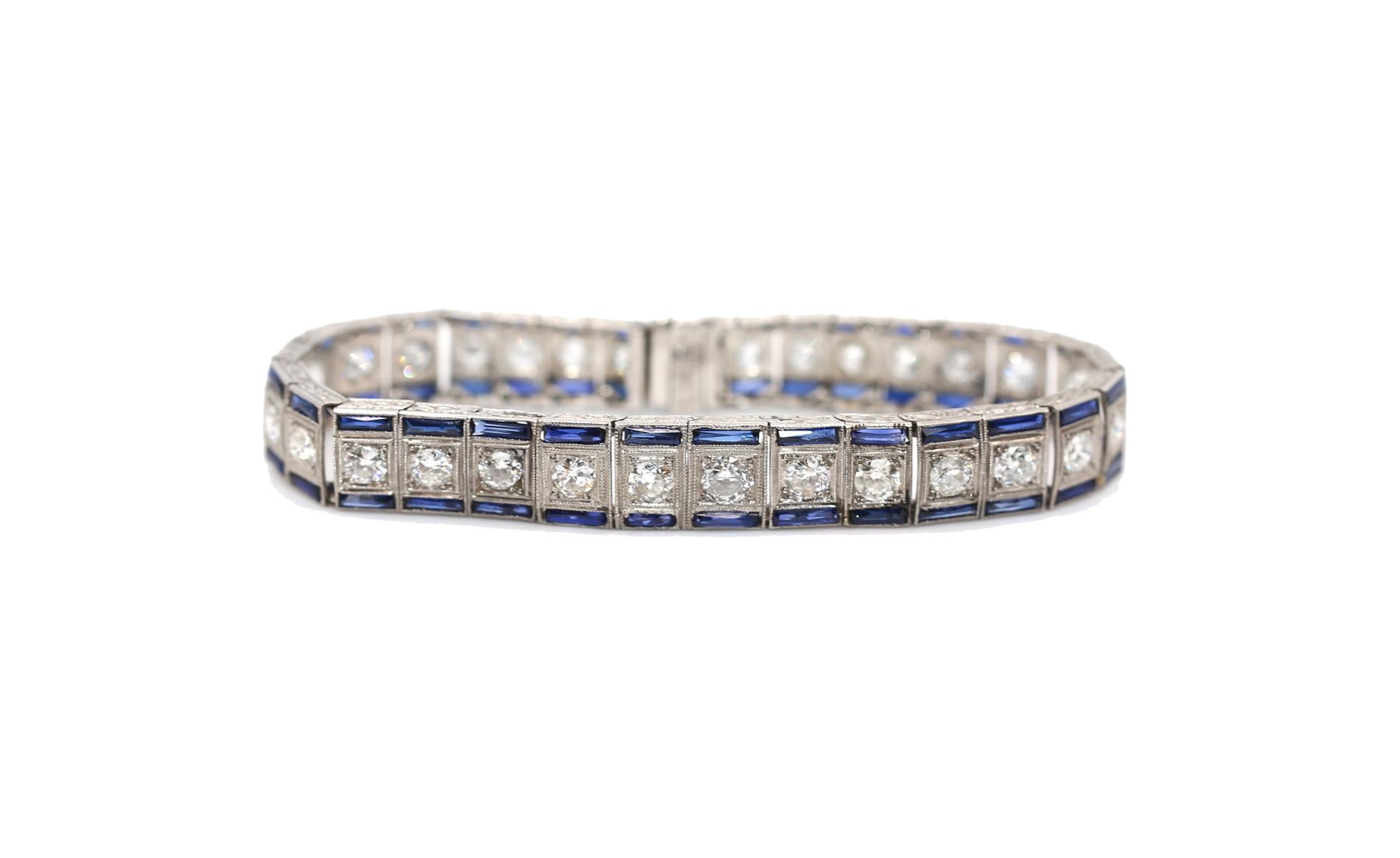 7.5 C Diamonds Sapphires Platinum Tennis Bracelet, 1920 For Sale 3