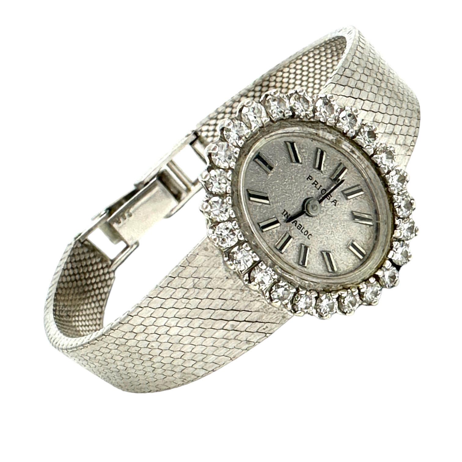 .75 Karat 14k Weißgold Priosa Incabloc Diamant Uhr ist ein 1980er Jahrgang Damen